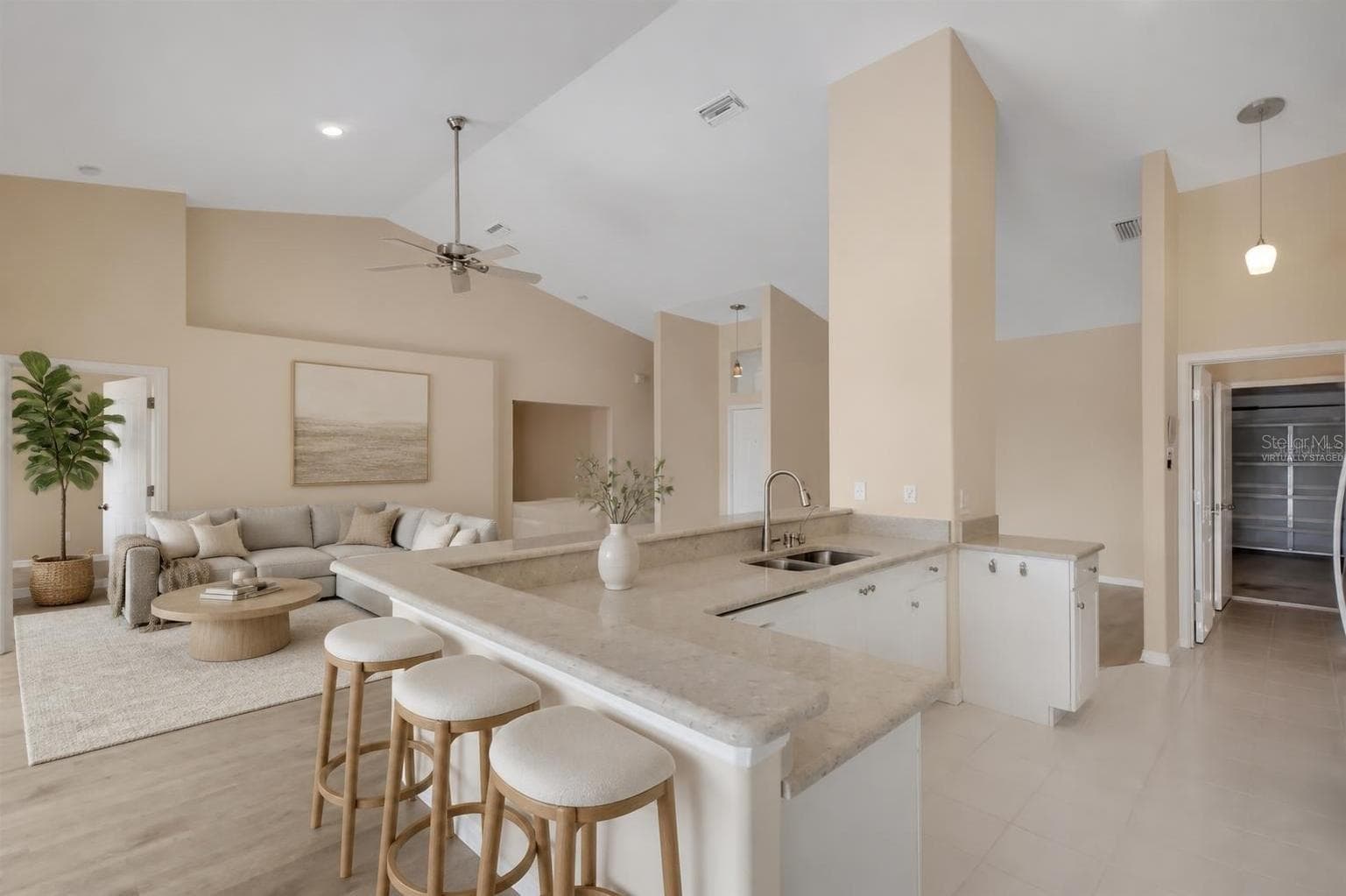 Kitchen/Great Roomvirtually staged - 8976 WHITEMARSH AVE, SARASOTA