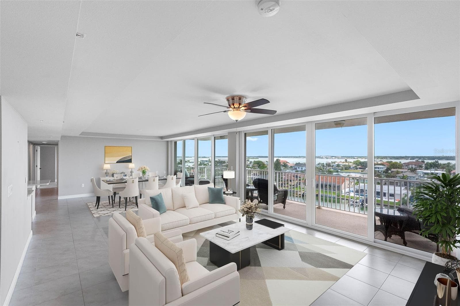 Direct Waterfront Views 34 feet Living & Dining Virtually Staged - 223 ISLAND WAY #7F, CLEARWATER BEACH
