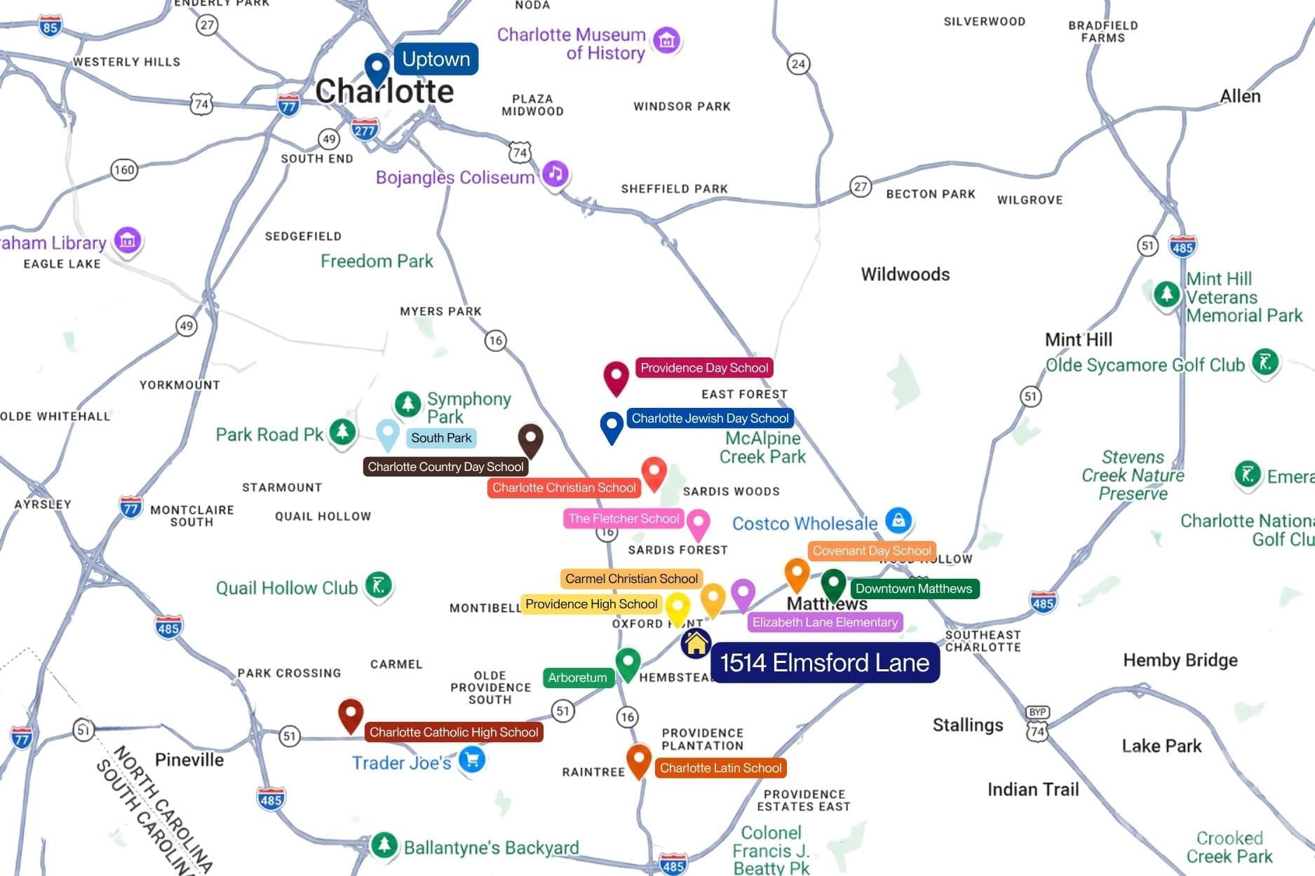 Property location relative to many school options - 1514 Elmsford Lane, Matthews