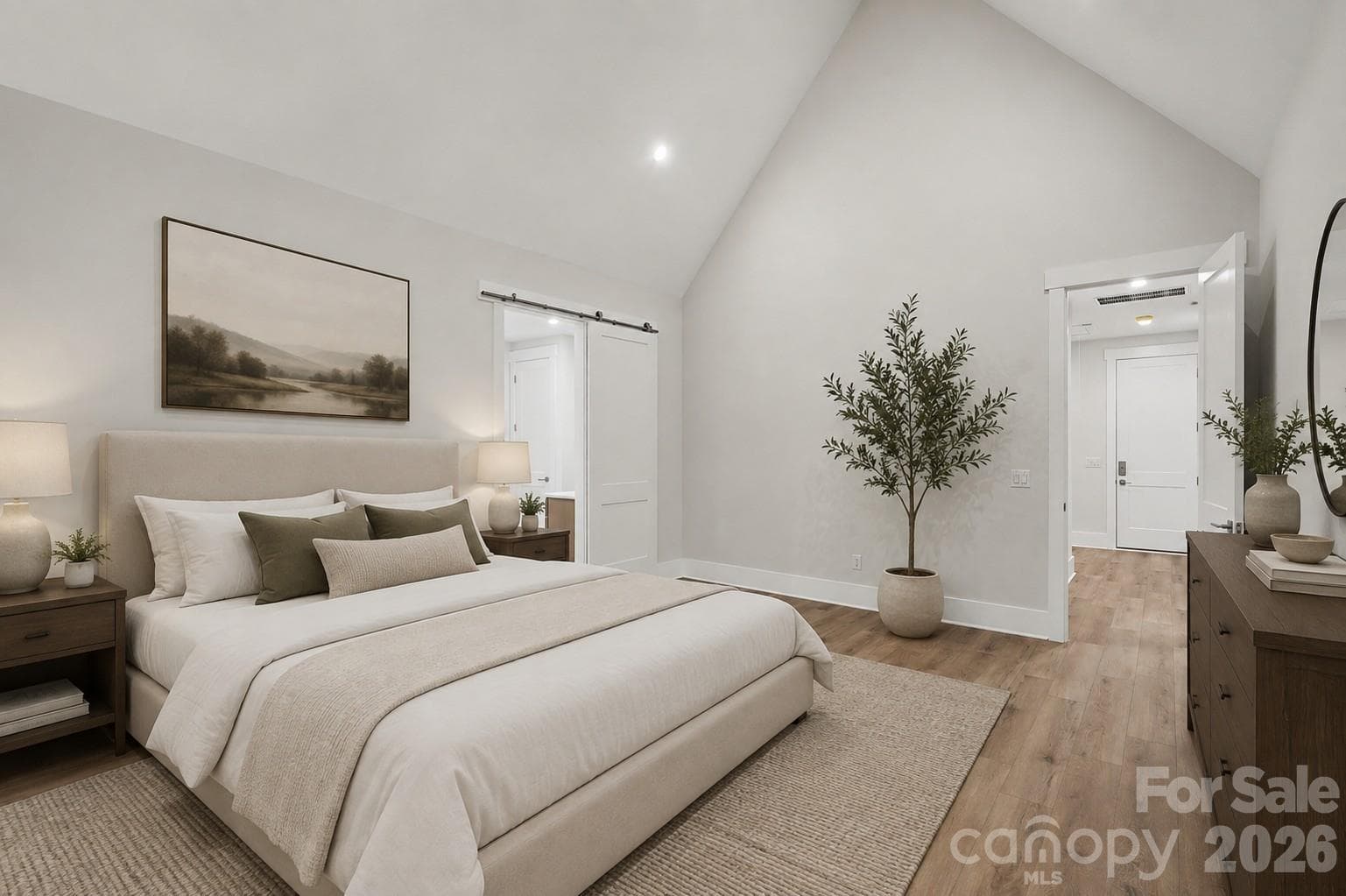 Primary Bedroom with vaulted ceiling -virtually staged - 4808 Rockwood Drive, Waxhaw