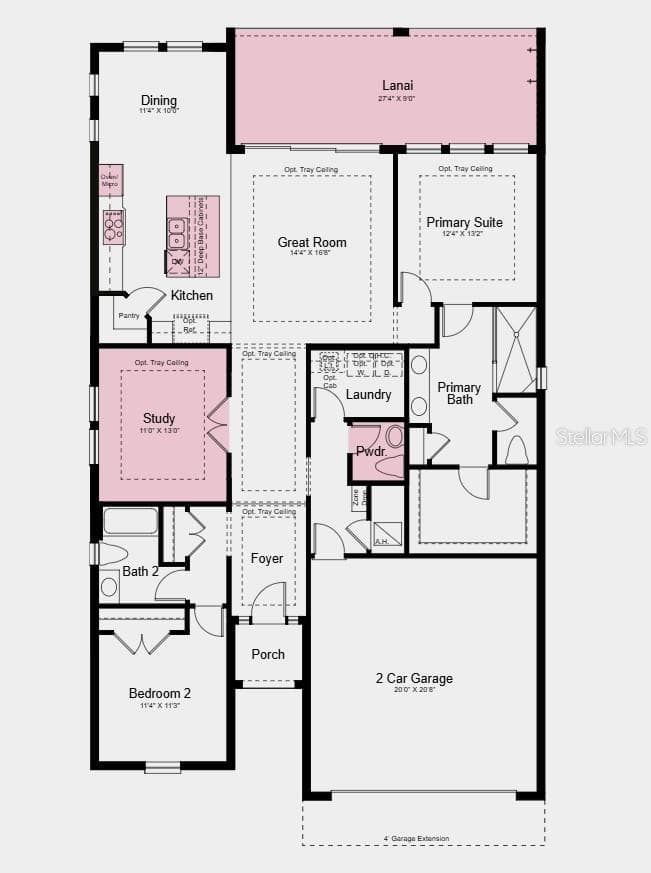 Floor Plan - Additional Highlights Include: tray ceiling package, 4' garage extension, powder room in place of storage closet, outdoor kitchen rough-in, pool/spa prewire with gas stub-out, laundry package, refrigerator, and 8' interior doors - 14224 DUNLIN AVE, PUNTA GORDA