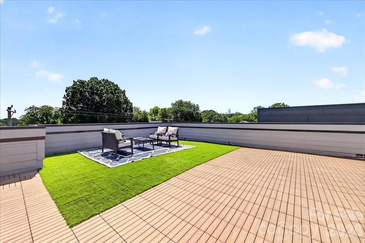 Roof top entertainment area that has a rare view of the city and plenty of room for a dining table, corn hole, etc - 621 Campus Street, Charlotte