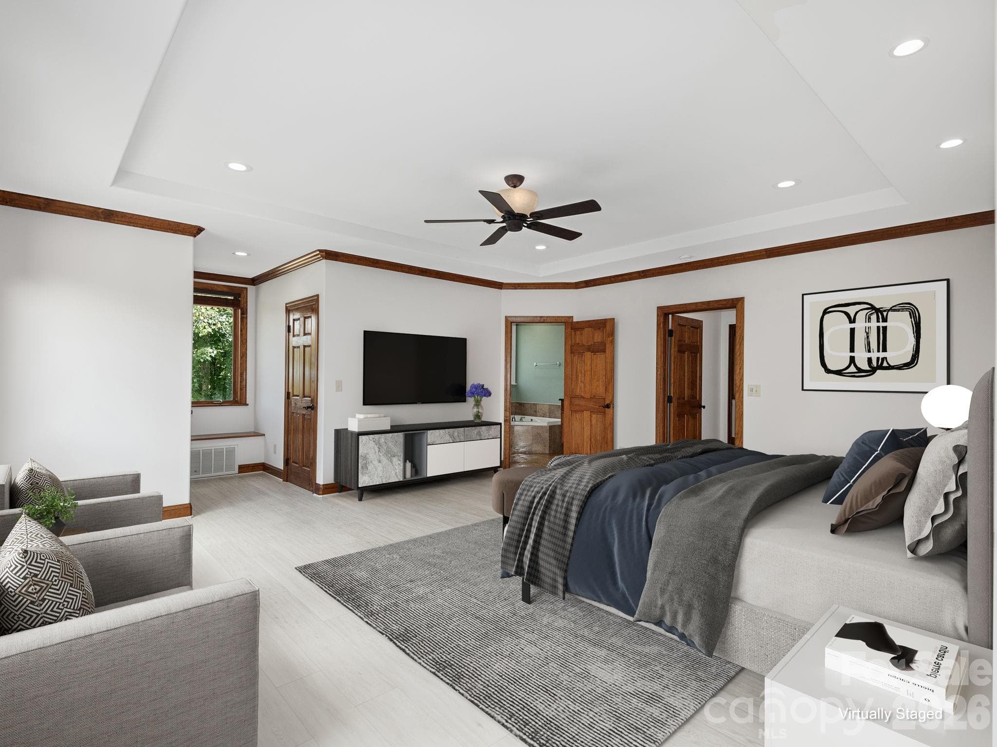 Primary Bedroom w/Ensuite. Access to screen porch. Virtually staged. - 248 Wisdom Cove Road, Flat Rock