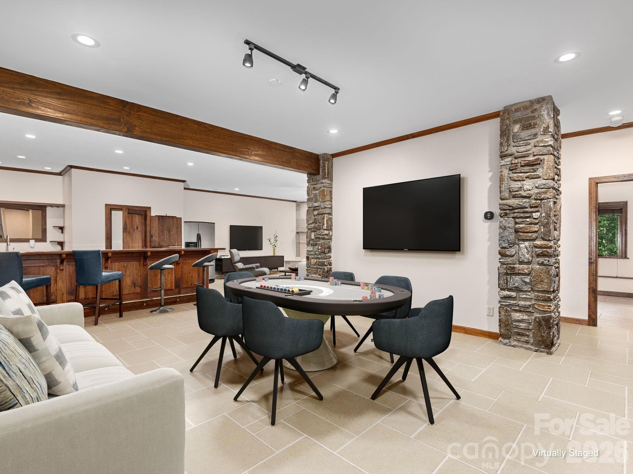 Virtually staged basement showing similar tile that is under the golf carpet. - 248 Wisdom Cove Road, Flat Rock