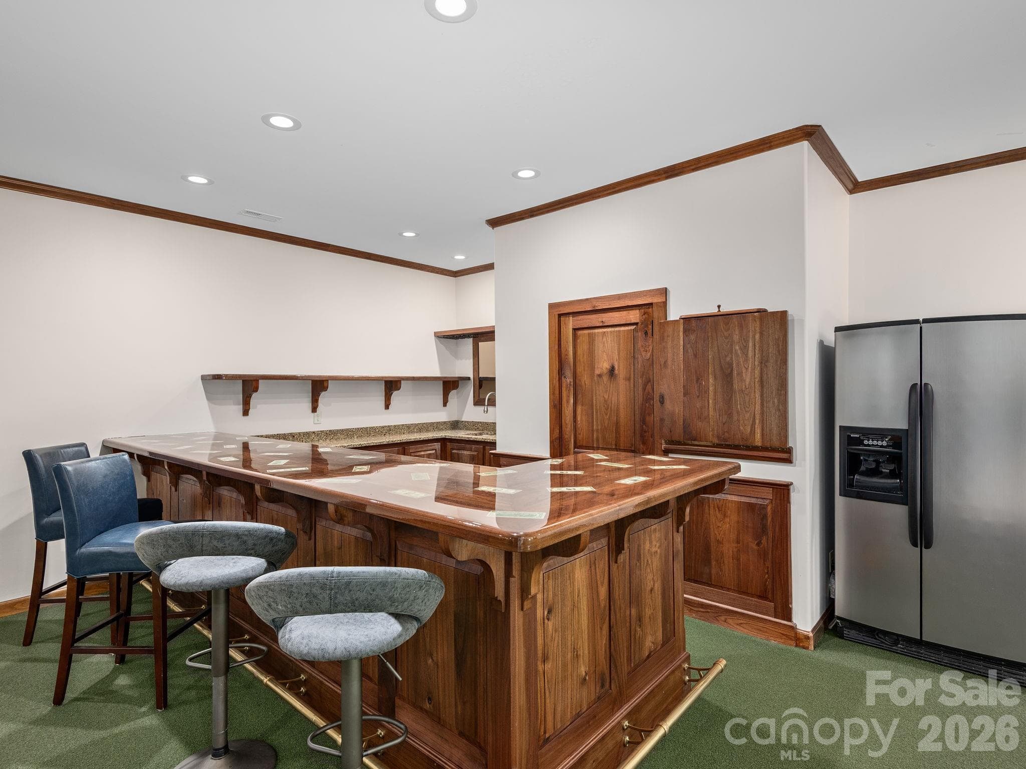 Full Entertaining Bar w/full size refrigerator and storage room. - 248 Wisdom Cove Road, Flat Rock