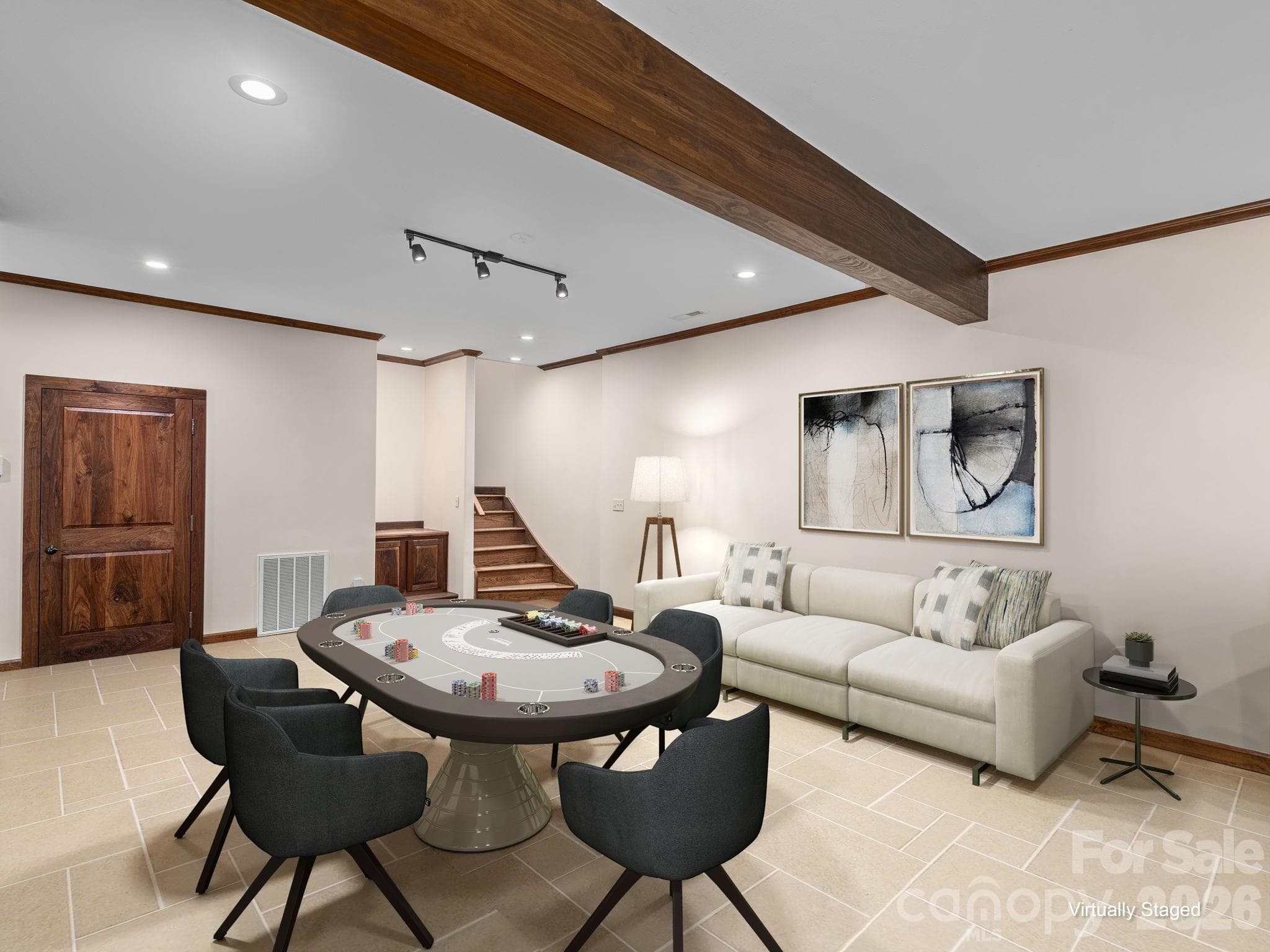 Virtually staged basement showing similar tile under the golf carpet. - 248 Wisdom Cove Road, Flat Rock