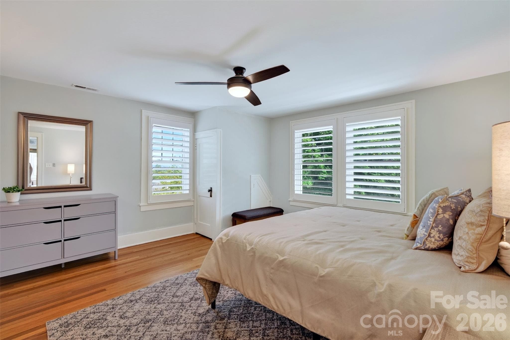 Upper level primary bedroom overlooking back terraced yard - 55 Edgemont Road, Asheville