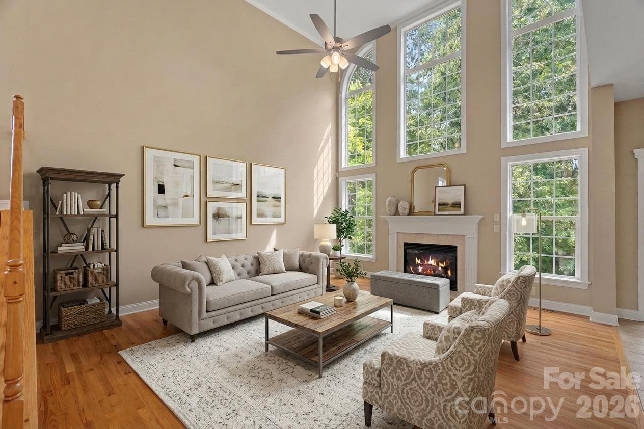 Virtual staging of great room with cathedral ceilings - Huntersville