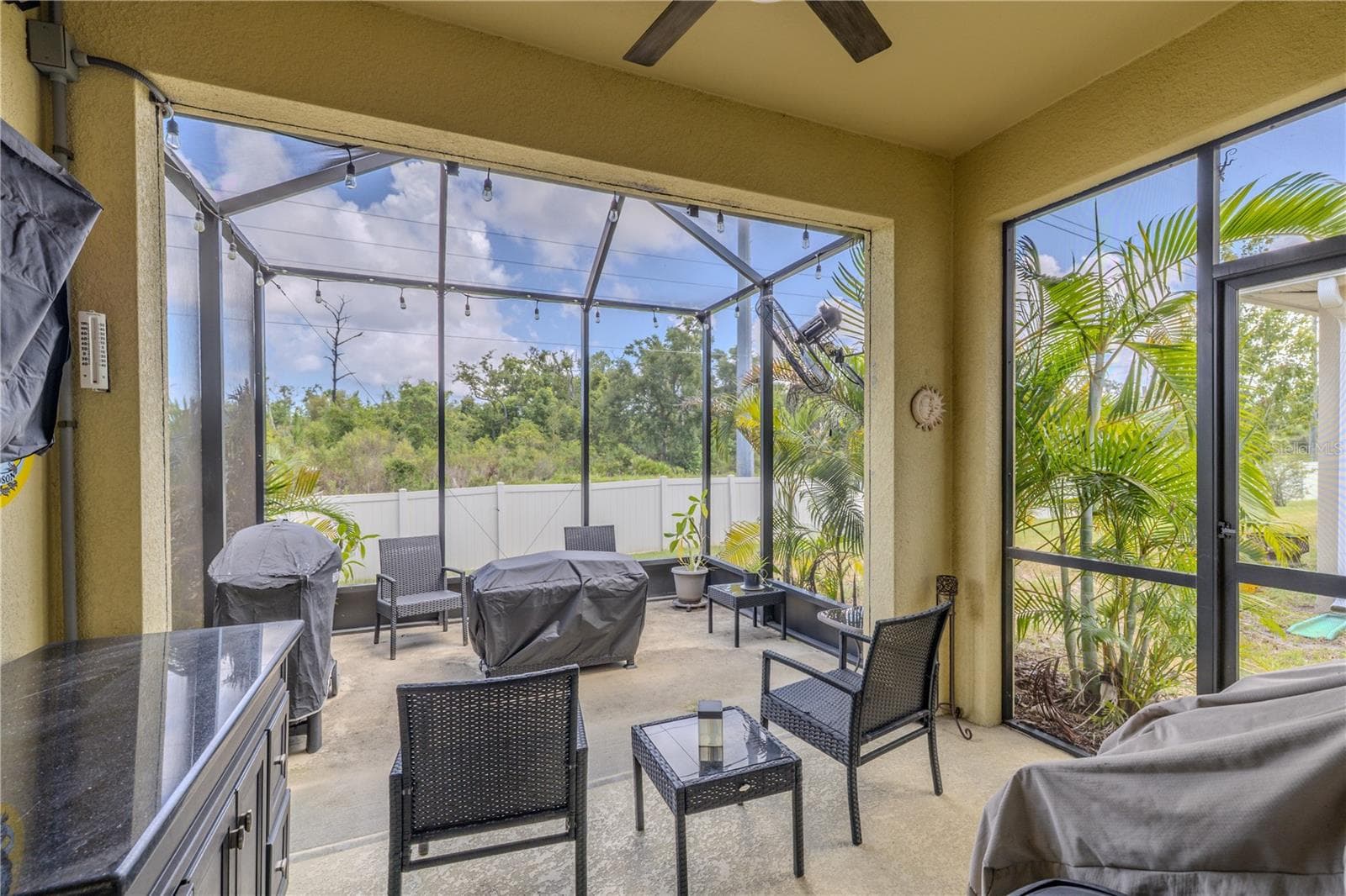 The screened lanai creates a true outdoor living room, complete with a ceiling fan, electrical outlets and room for multiple seating areas, all overlooking the fenced green-space backdrop. - 3029 JACOB CROSSING LN, HOLIDAY