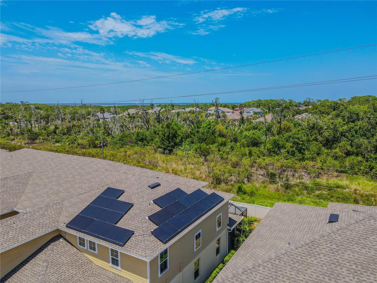 An elevated aerial perspective showcases the end-unit setting, rooftop solar panels and screened lanai, with a wide expanse of greenery creating an unexpectedly open backdrop behind the home. - 3029 JACOB CROSSING LN, HOLIDAY