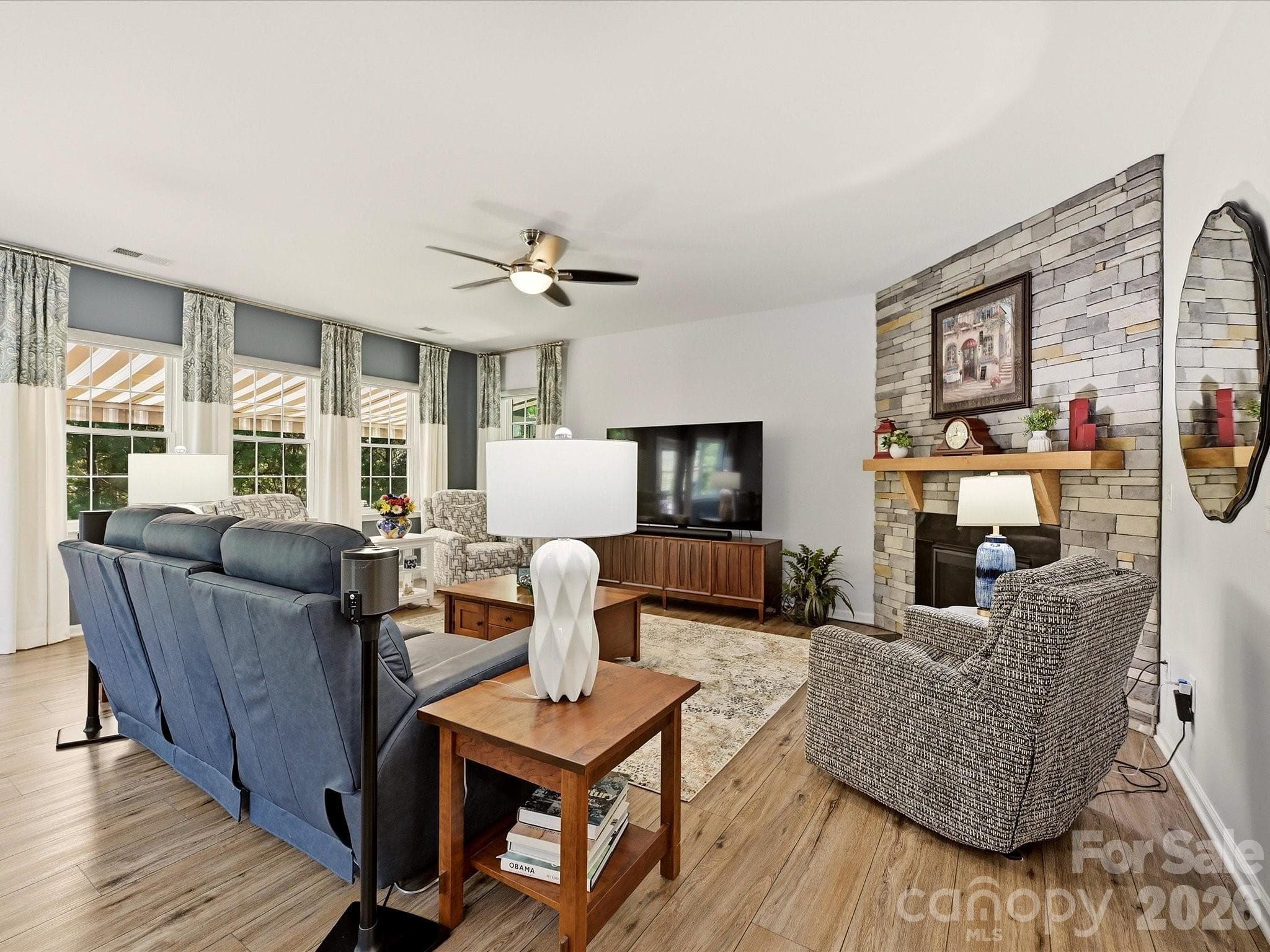 Voice Activated Remote Shades on Rear Windows, Wide Plank Wood Flooring and Fan - 5060 Big Bend Drive, Lancaster