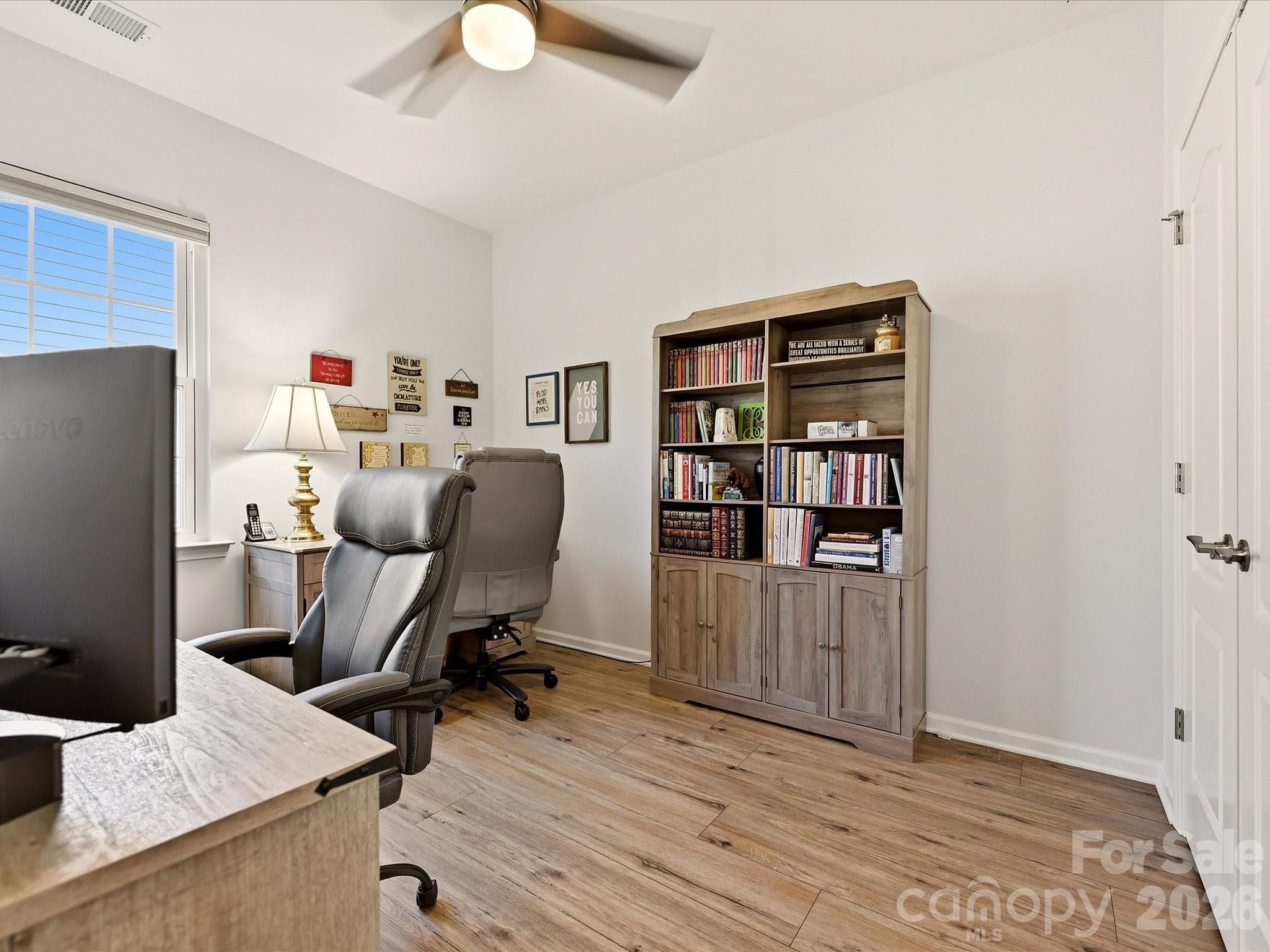 Bedroom 2 with Wide Plank Flooring and Fan, Custom Blinds - 5060 Big Bend Drive, Lancaster