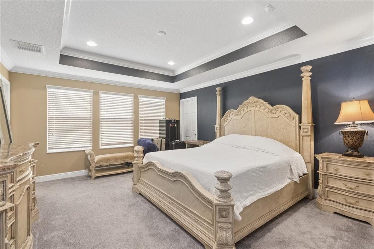 The spacious primary bedroom offers a serene and peaceful retreat, providing the perfect place to relax and unwind at the end of the day. - 19129 LONG LAKE RANCH BLVD, LUTZ