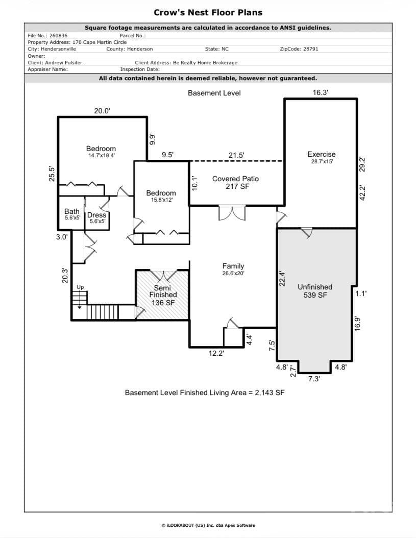 Lower level floor plan. Sellers doubled the size of the house by adding a downstairs that includes two large bedrooms, a full bath with a double sink, craft/video room, rec room, gym and storage - 170 Cape Martin Circle, Hendersonville