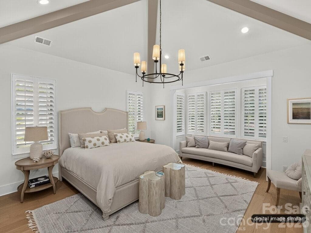 Primary Bedroom with Soaring Ceiling Height and Beams - 128 Willow View Loop, Davidson