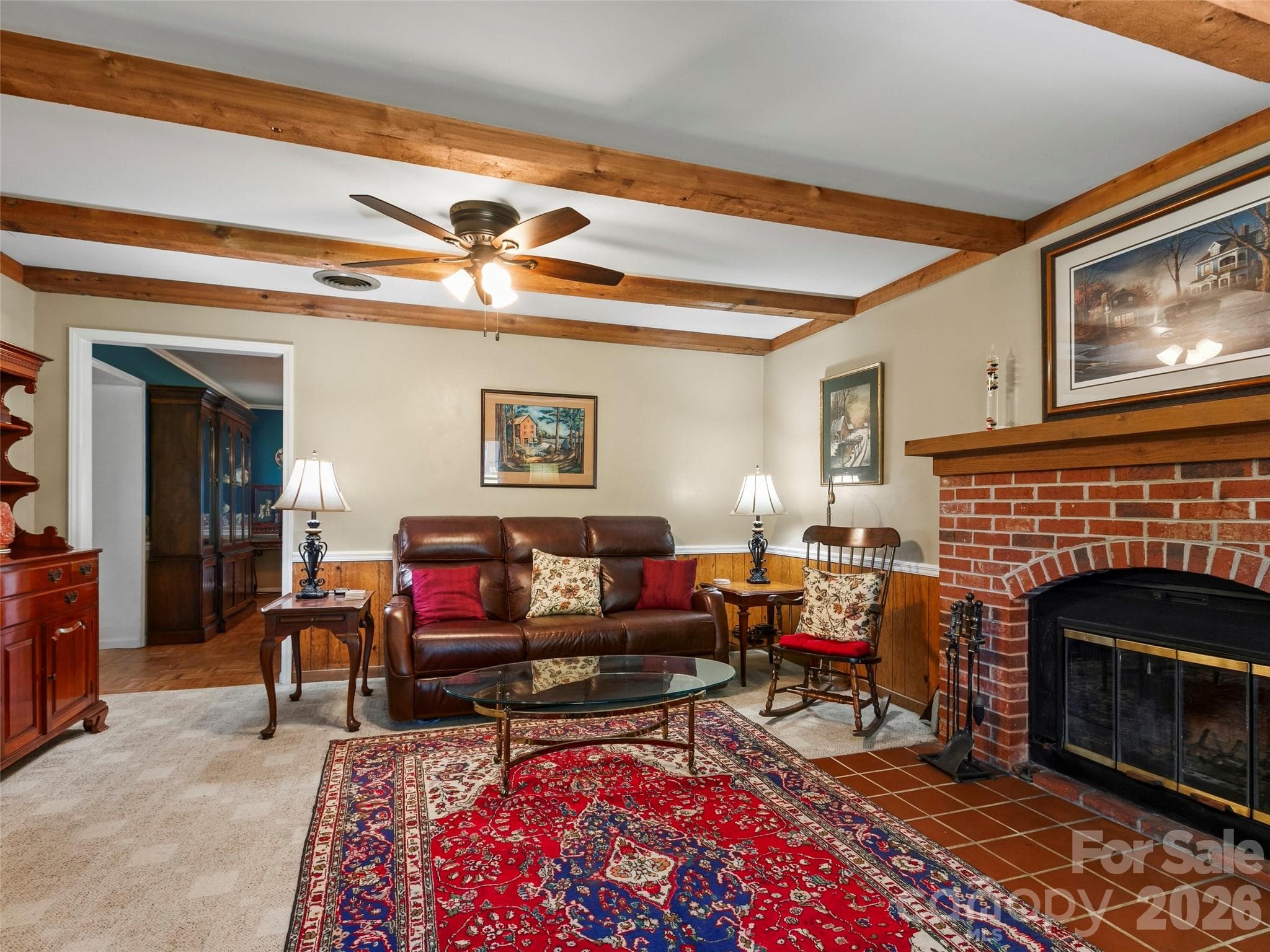 Cozy living room with accent beams - 101 Castlerock Drive, Asheville