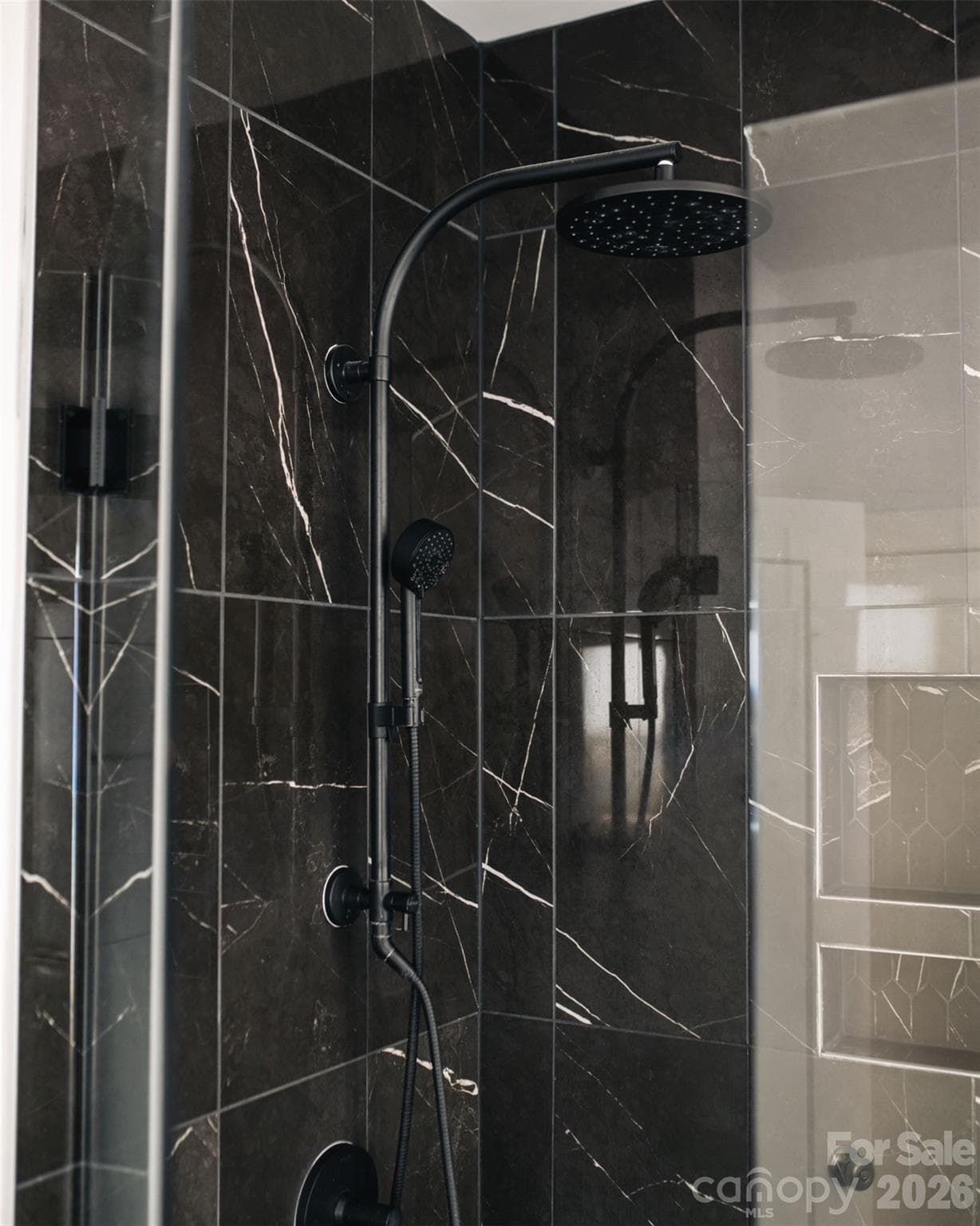 Primary shower with black tile and rain shower head - 4320 Tournette Drive, Indian Land