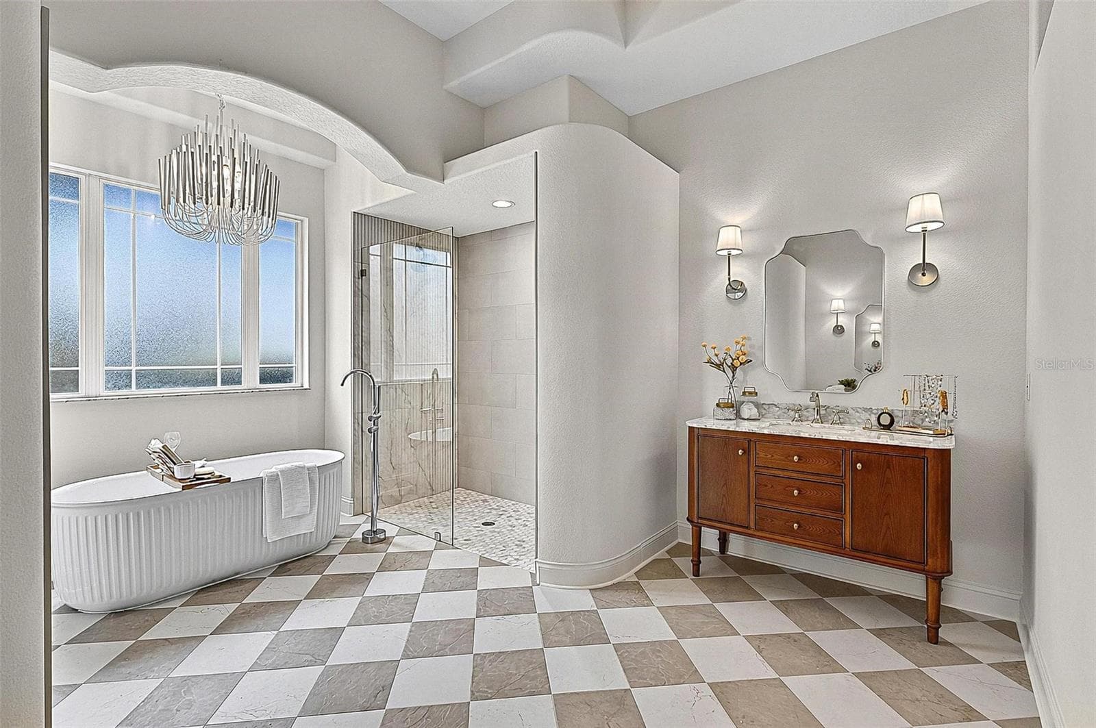 Master Bathroom with wood side ladies stone top with wood vanity - 17 GRANDVIEW DR, PALM COAST