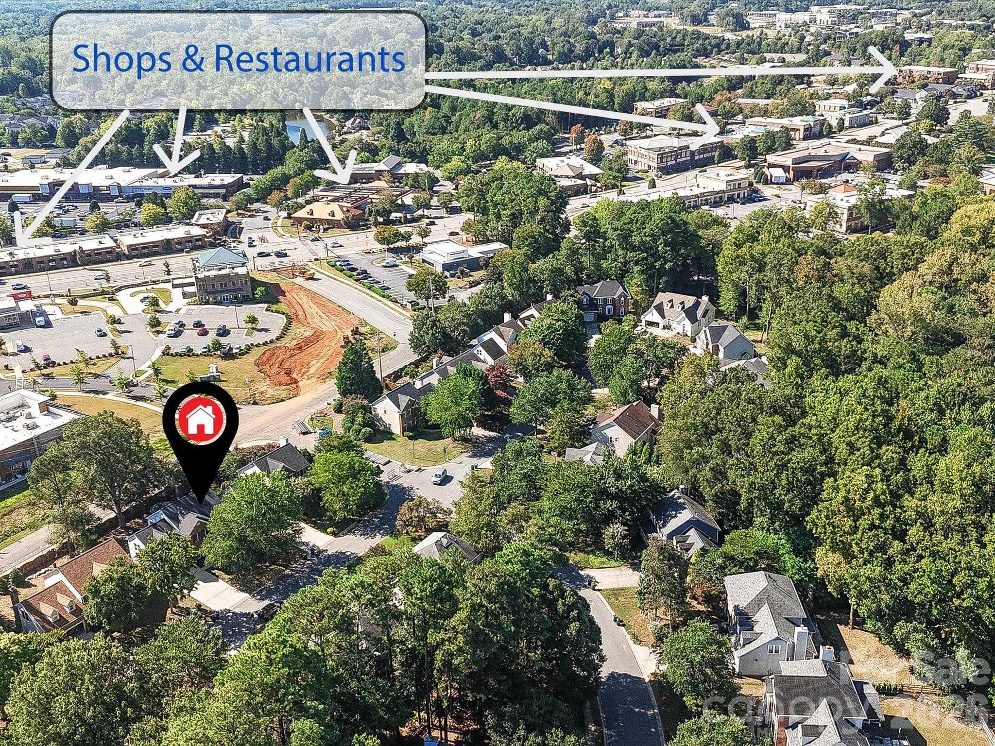 Aerial view highlights the home's convenient Cornelius location near shopping, restaurants, and Lake Norman amenities. - 19706 Valiant Way, Cornelius