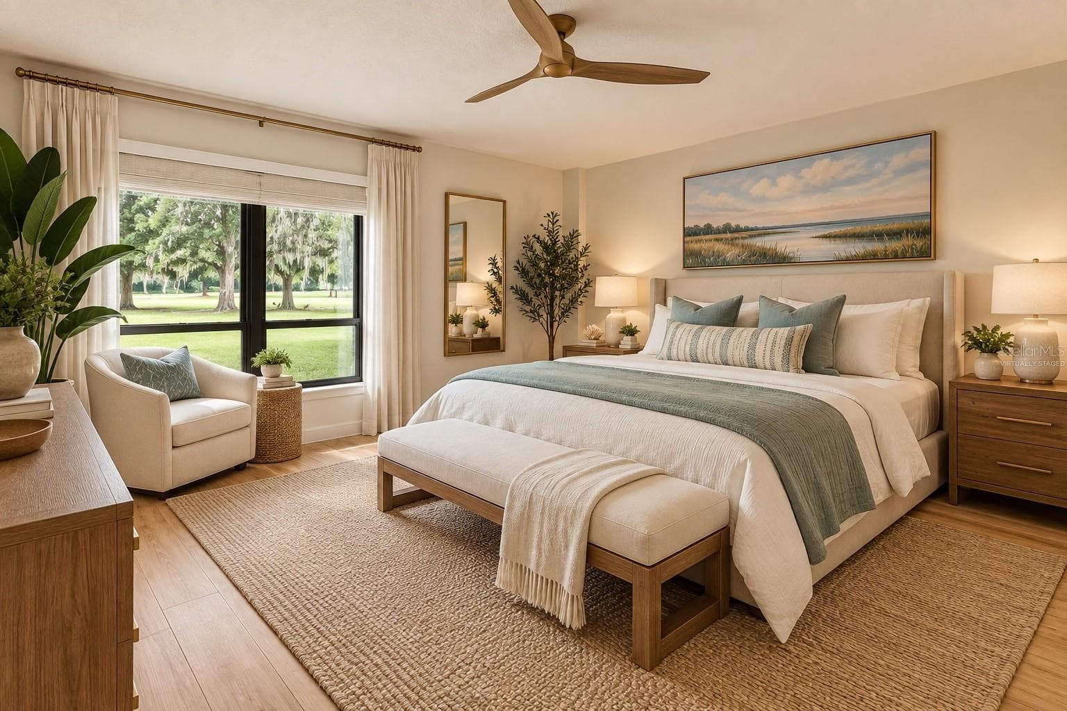 Virtually Staged Primary Bedroom Overlooking Golf Course - 13626 GREENFIELD DR #109, TAMPA
