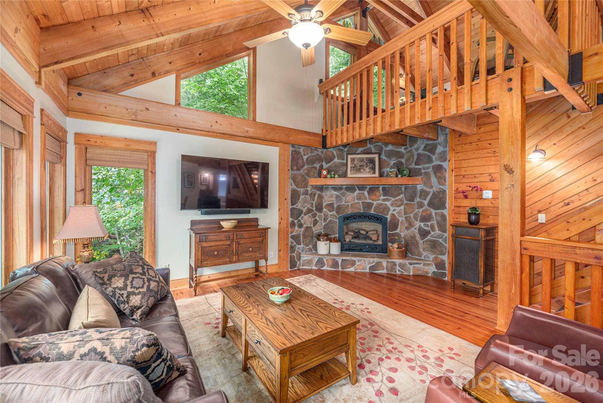 Living room with fireplace - 116 Ivy Road, Mills River