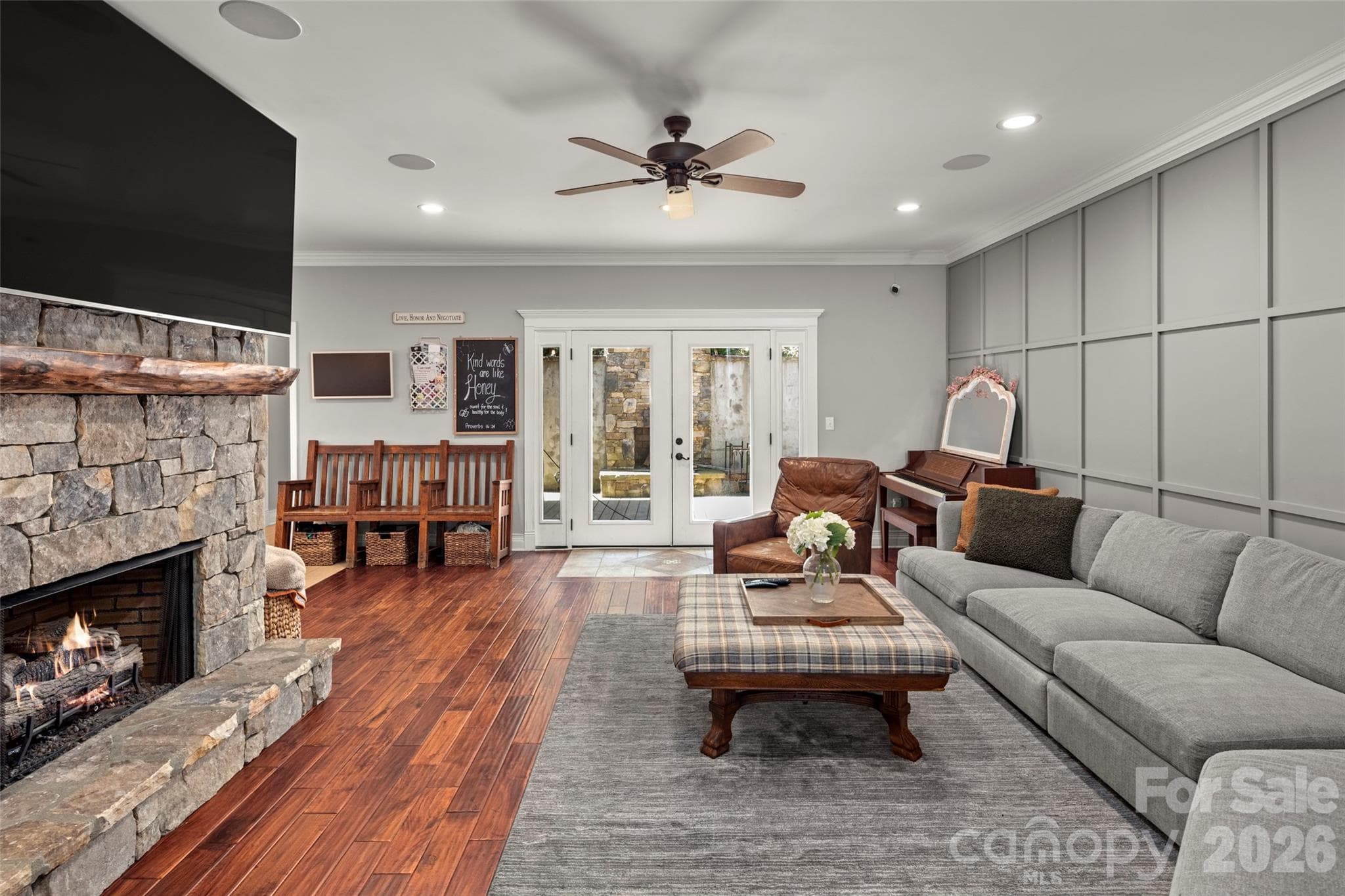 Custom feature wall and french doors lead to deck - 349 View Rock Lane, Hendersonville
