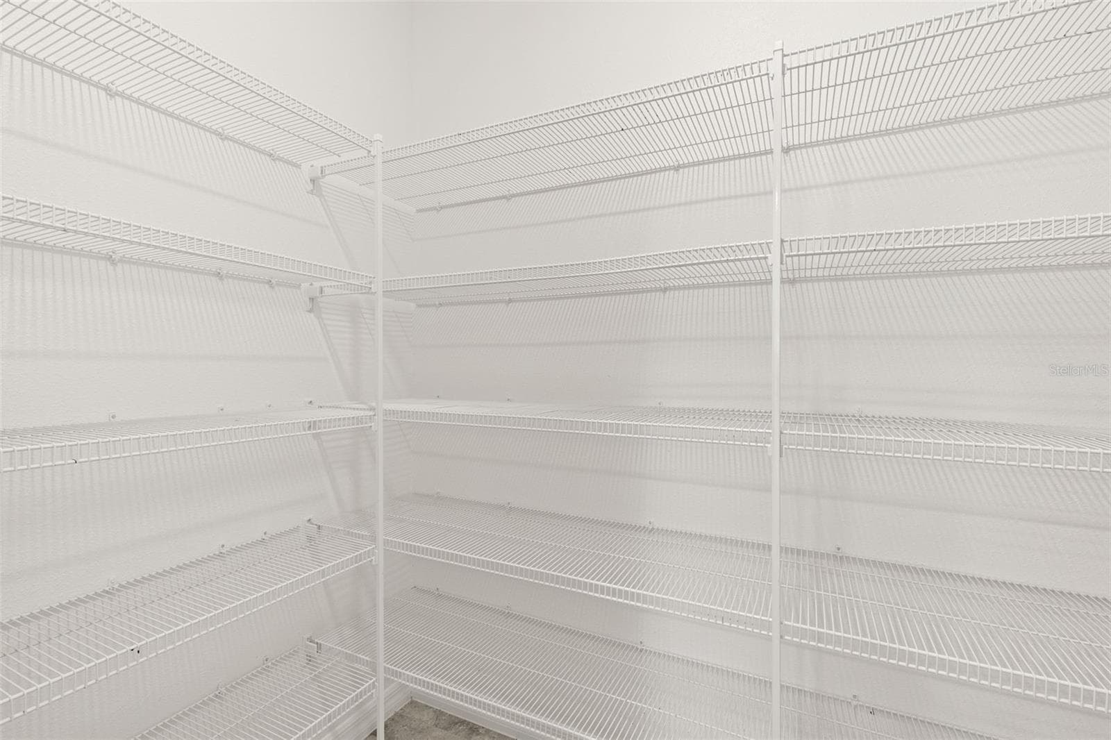 A large walk-in pantry adds serious storage to the kitchen, with wraparound shelving that keeps groceries, small appliances and everyday essentials organized and easy to reach. - 5061 WHITE CHICORY DR, APOLLO BEACH