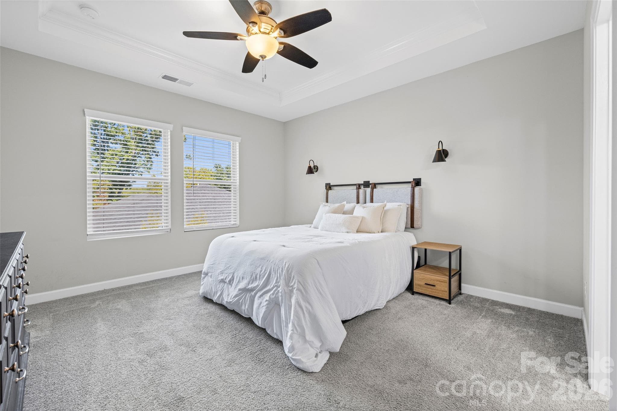 Large primary bedroom with tray ceilings. - 14830 Batteliere Drive, Charlotte