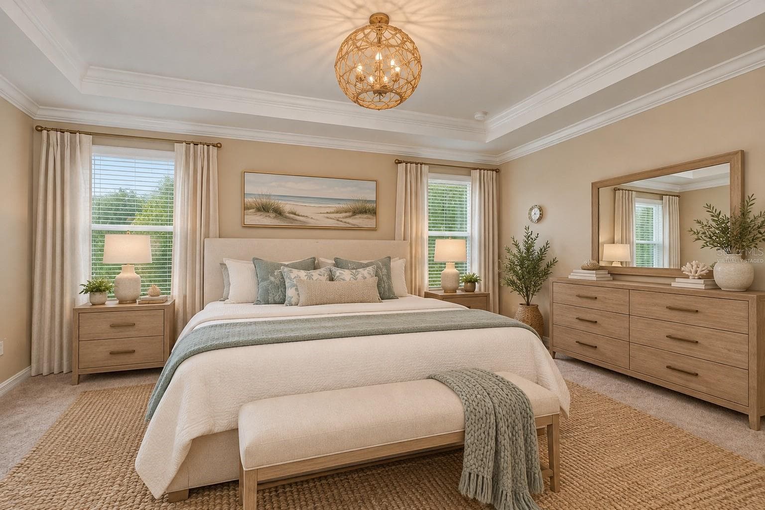 Virtually Staged Luxurious Primary Suite with Tray Ceiling, Crown Molding & Designer Lighting. - 640 ENCARNACION ST, PUNTA GORDA
