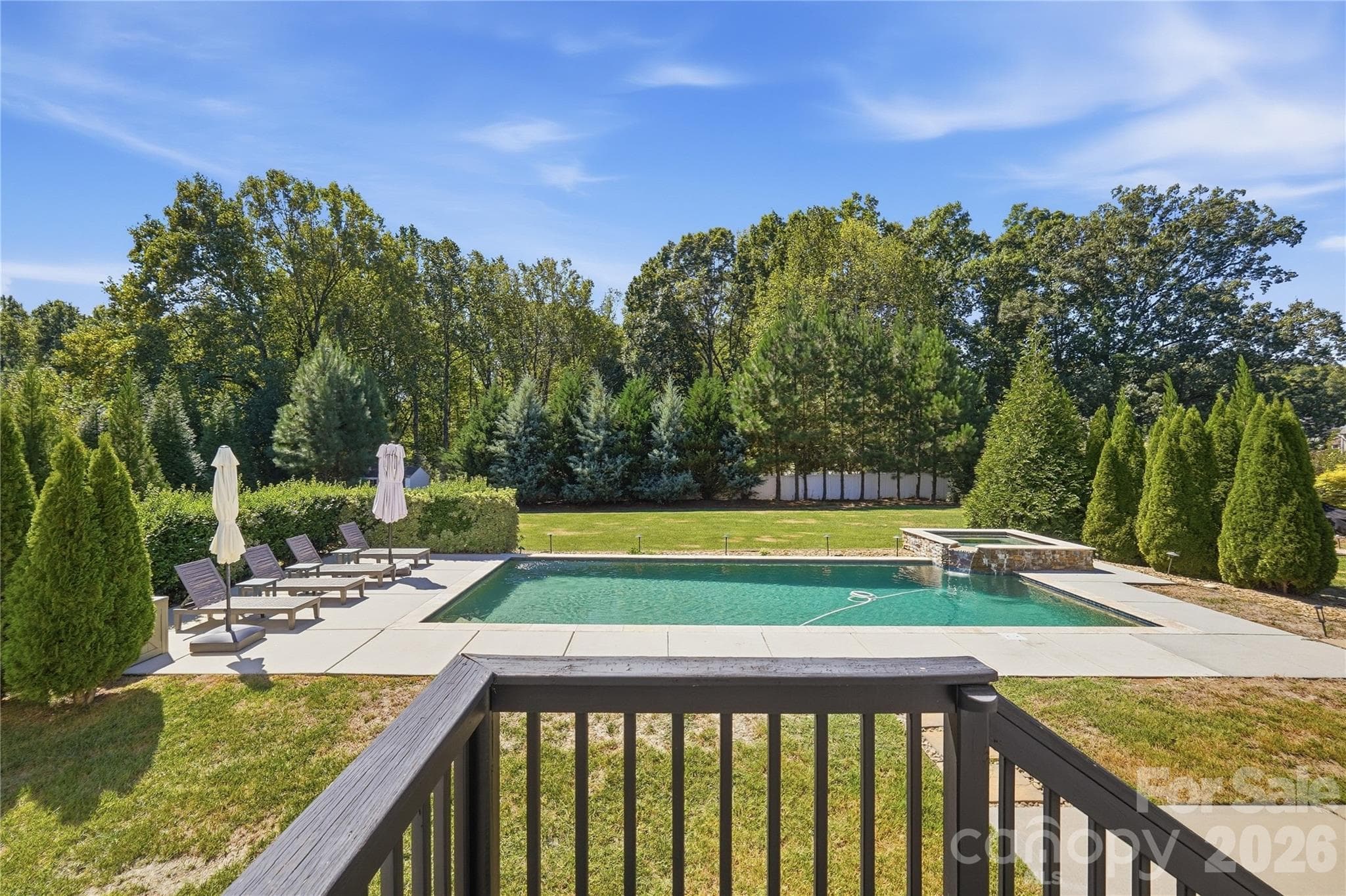 View from the back deck over the heated saltwater pool and spa, framed by mature evergreen privacy screening. - 912 Manorwood Drive, Waxhaw