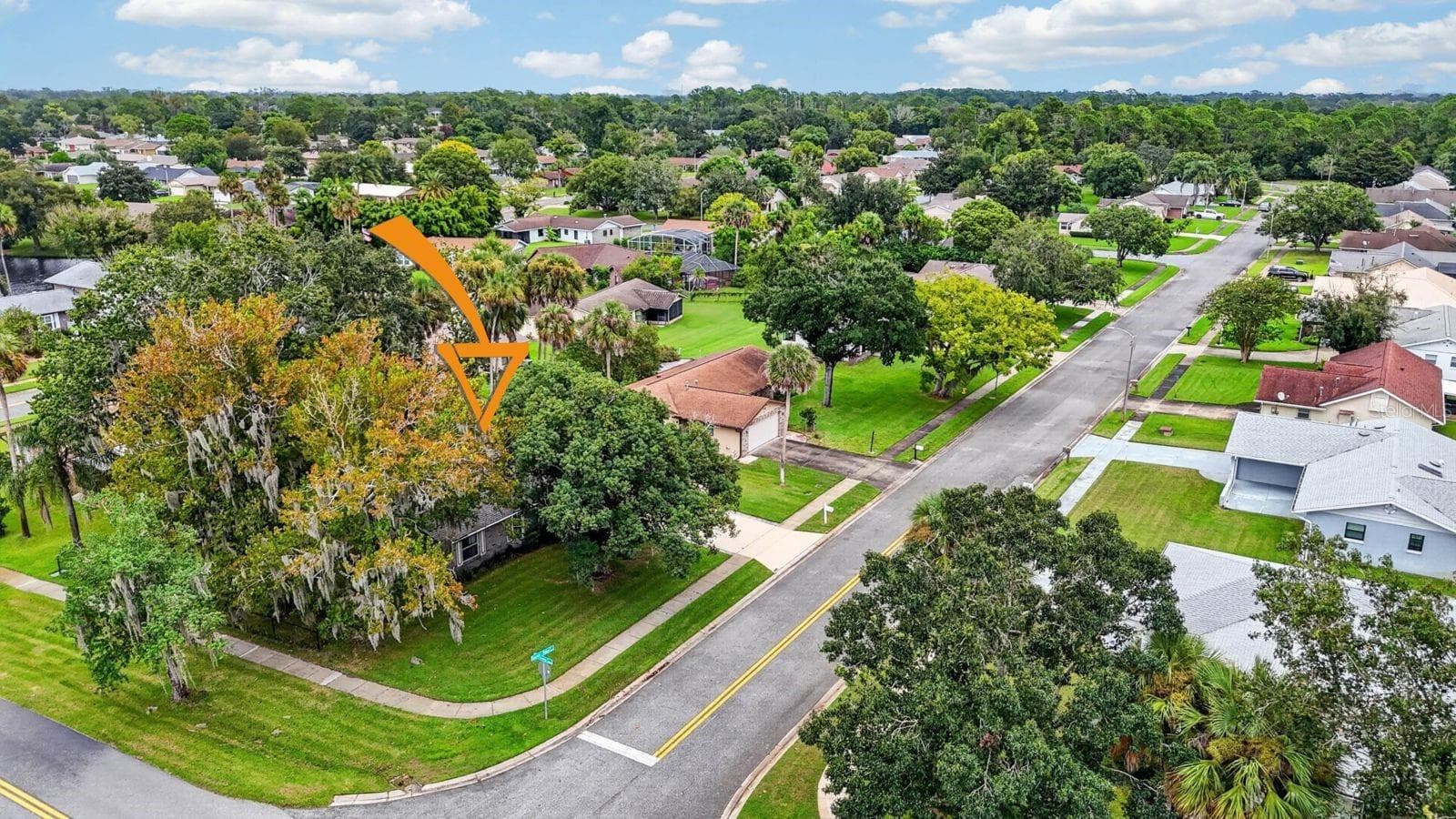 Aerial View with Property Location Marker - 319 QUAKER RIDGE DR, DAYTONA BEACH