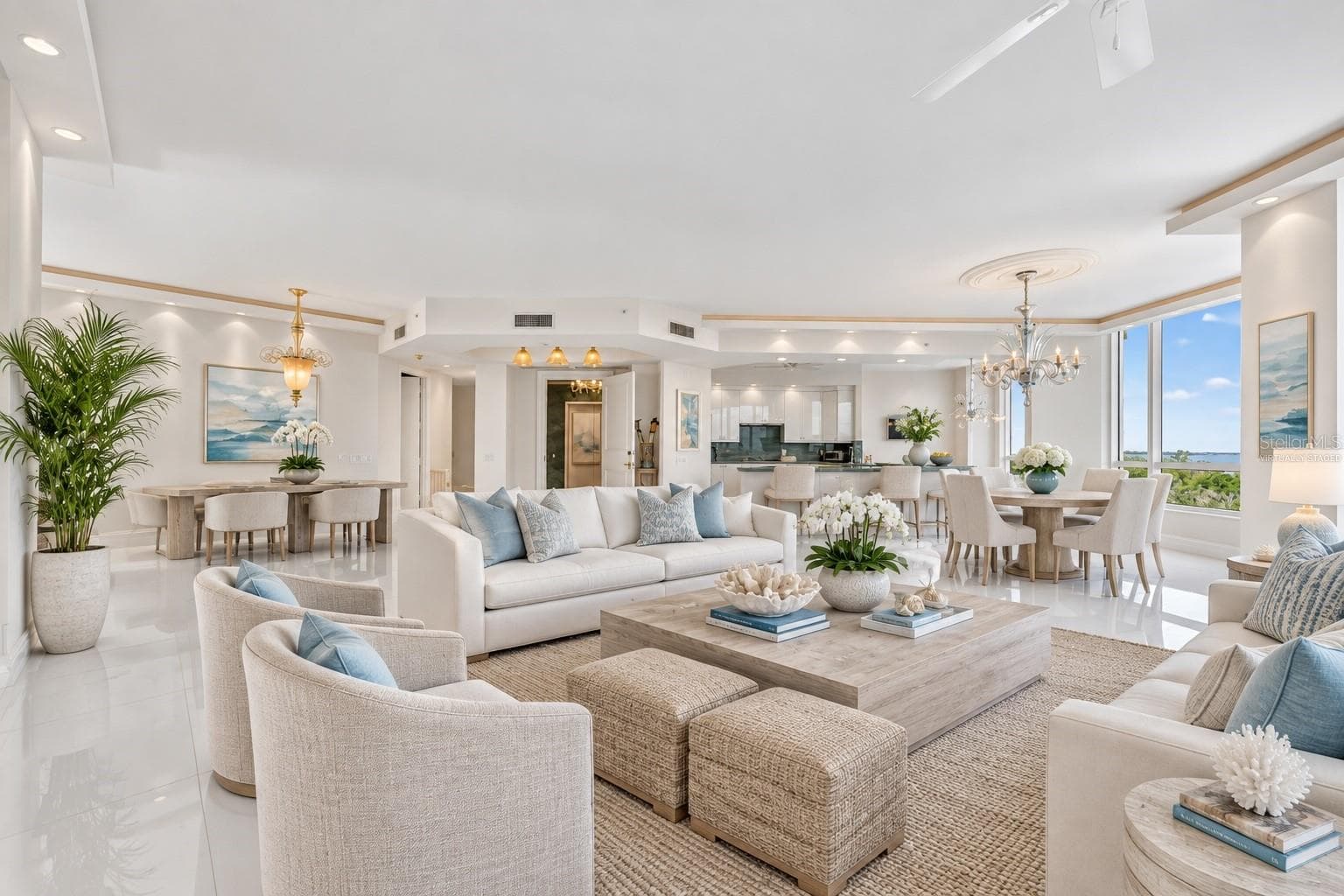 Virtually Staged - living room, kitchen and foyer - 1281 GULF OF MEXICO DRIVE DR #707, LONGBOAT KEY