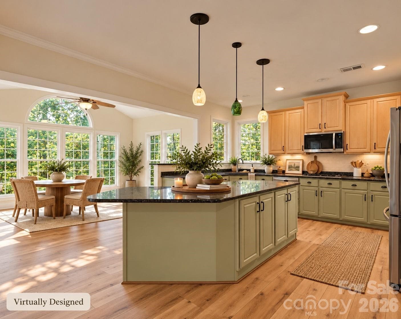 Virtually Staged Kitchen with subtle green cabinets. - 6213 Savannah Grace Lane, Huntersville