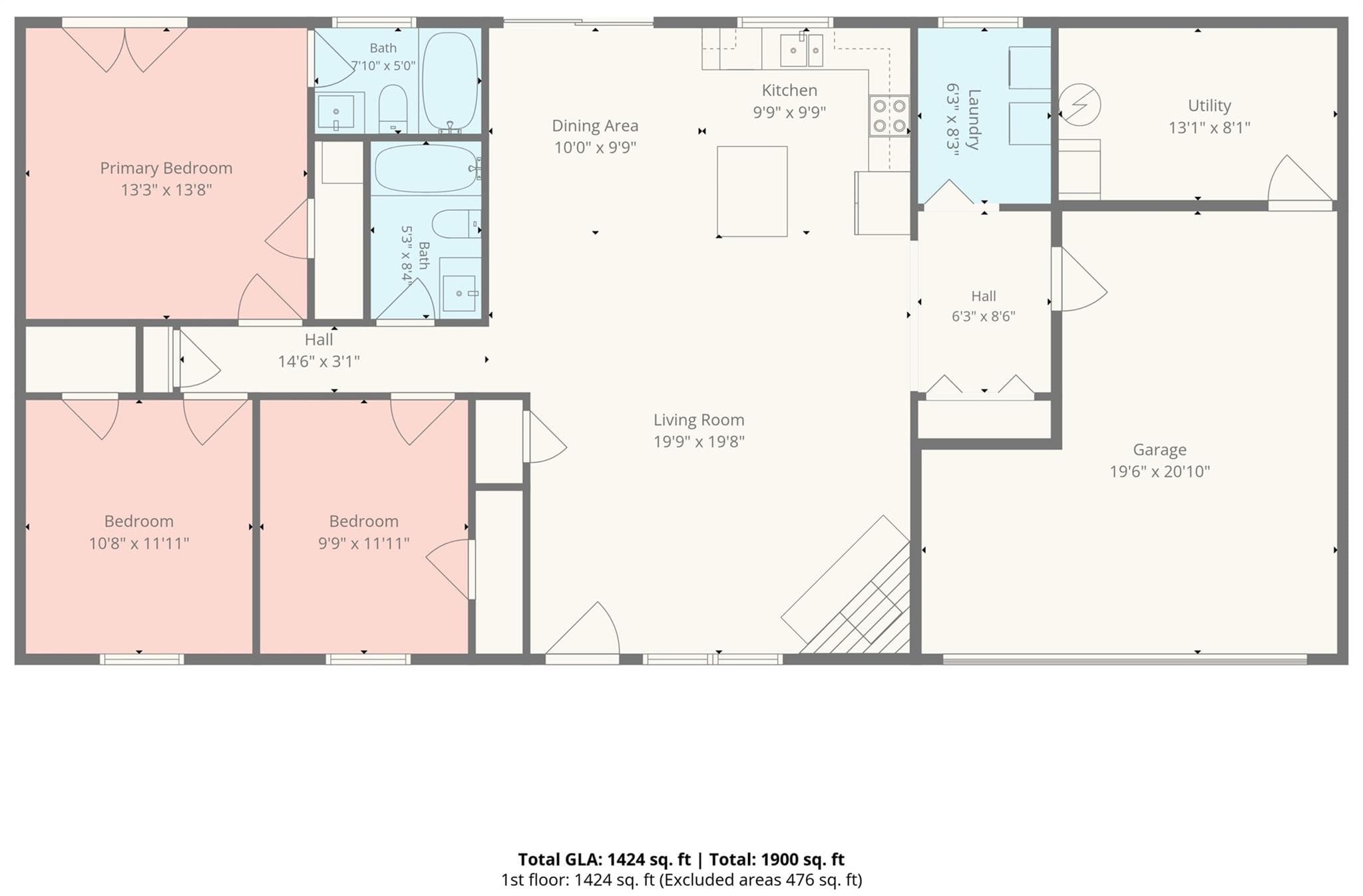 Floor plan: single-level 3-bedroom, 2-bath ranch with about 1,424 heated sq ft - 4900 Cricklewood Lane, Charlotte