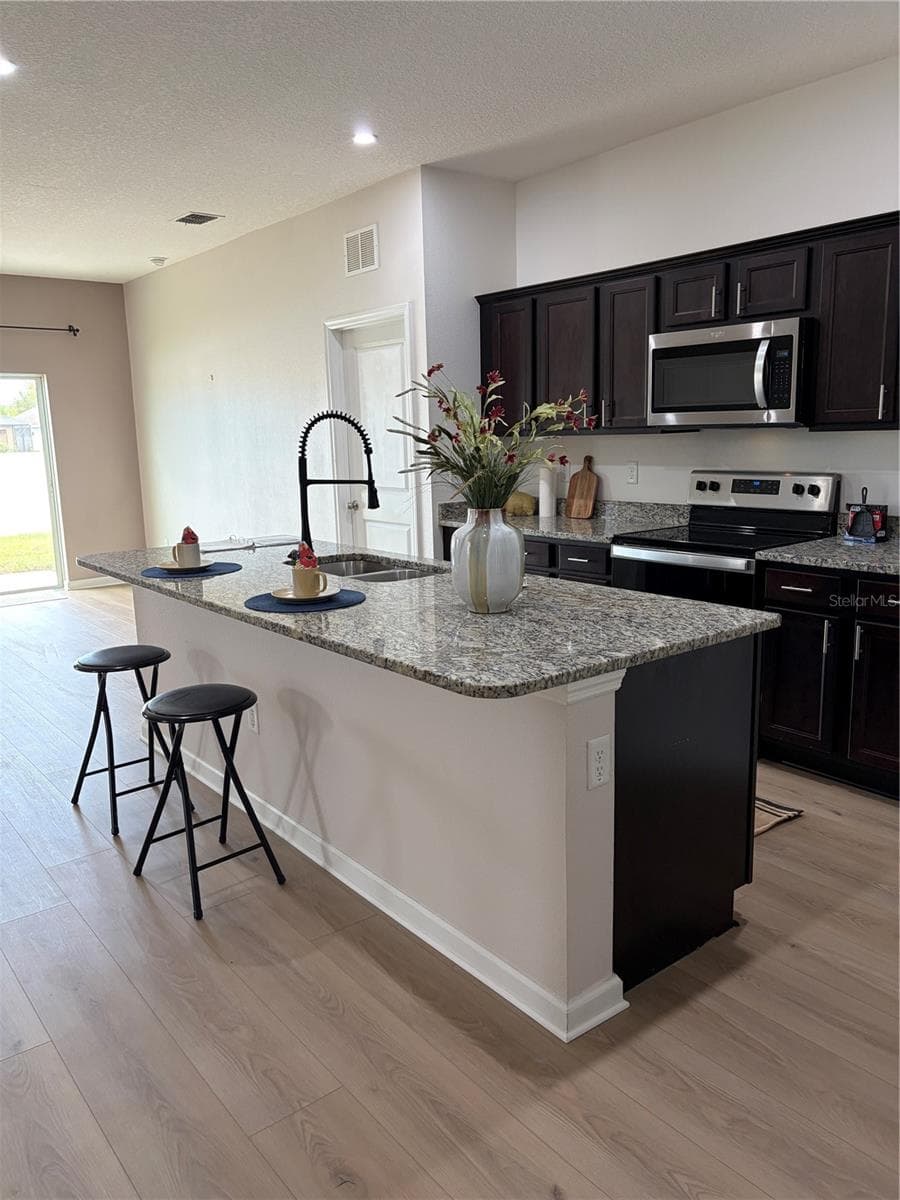 New Flooring in Large Kitchen features Oversized Granite Island Upgraded faucet and walk in pantry - 1261 ANCHOR BEND DR, RUSKIN