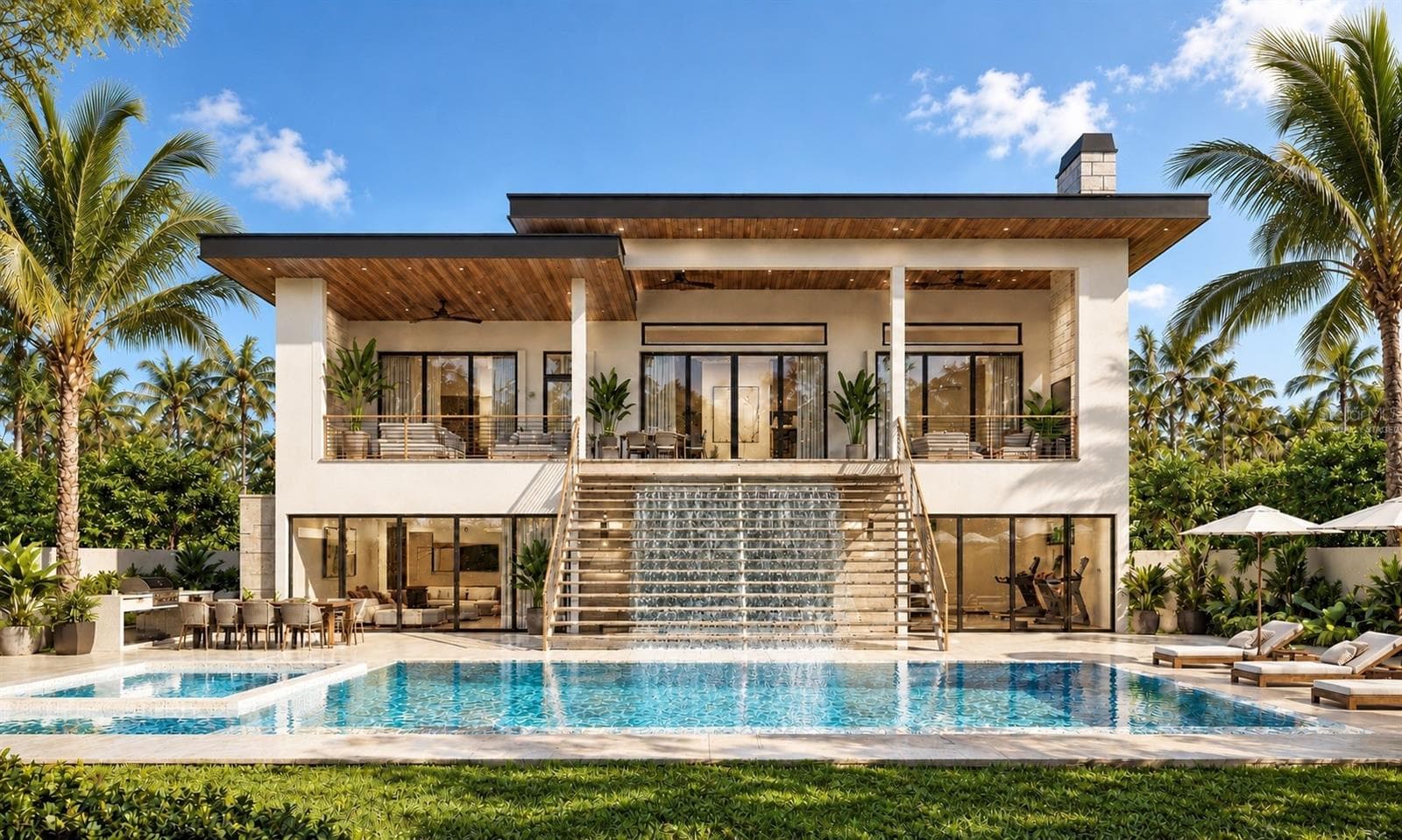 A waterfall cascades below the staircase. Virtually staged. - 1386 TANGIER WAY, SARASOTA