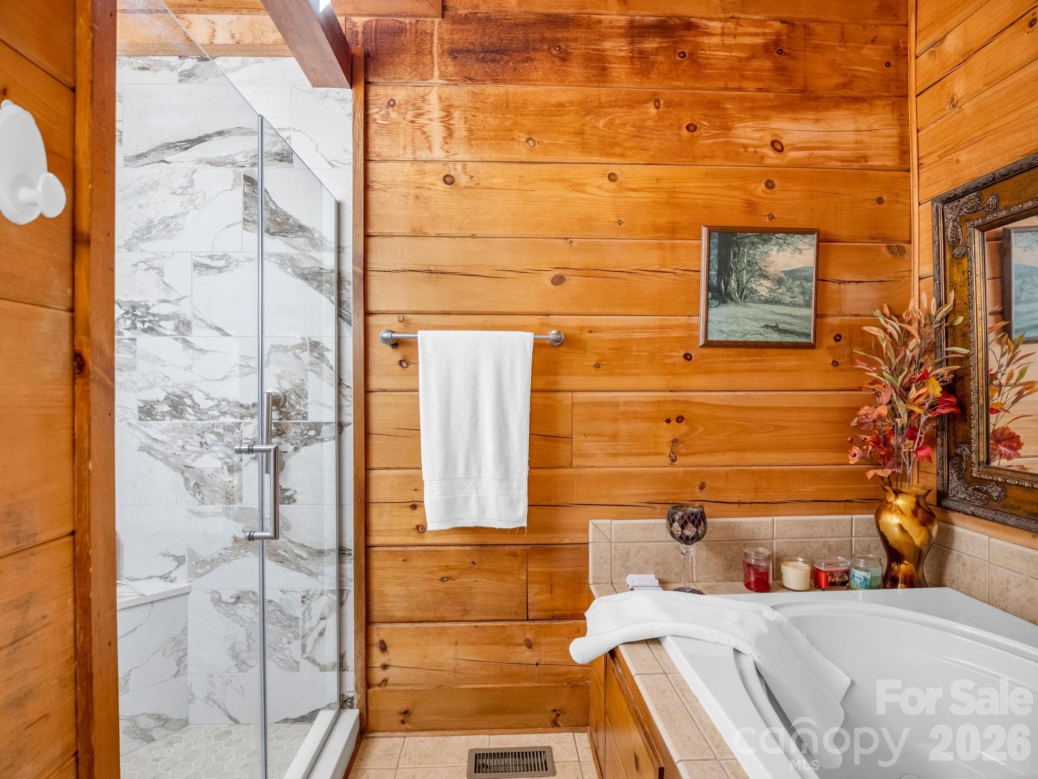 New marble tiled shower. Soaking tub has tile surround - 5409 Mineral Springs Mountain Avenue, Valdese