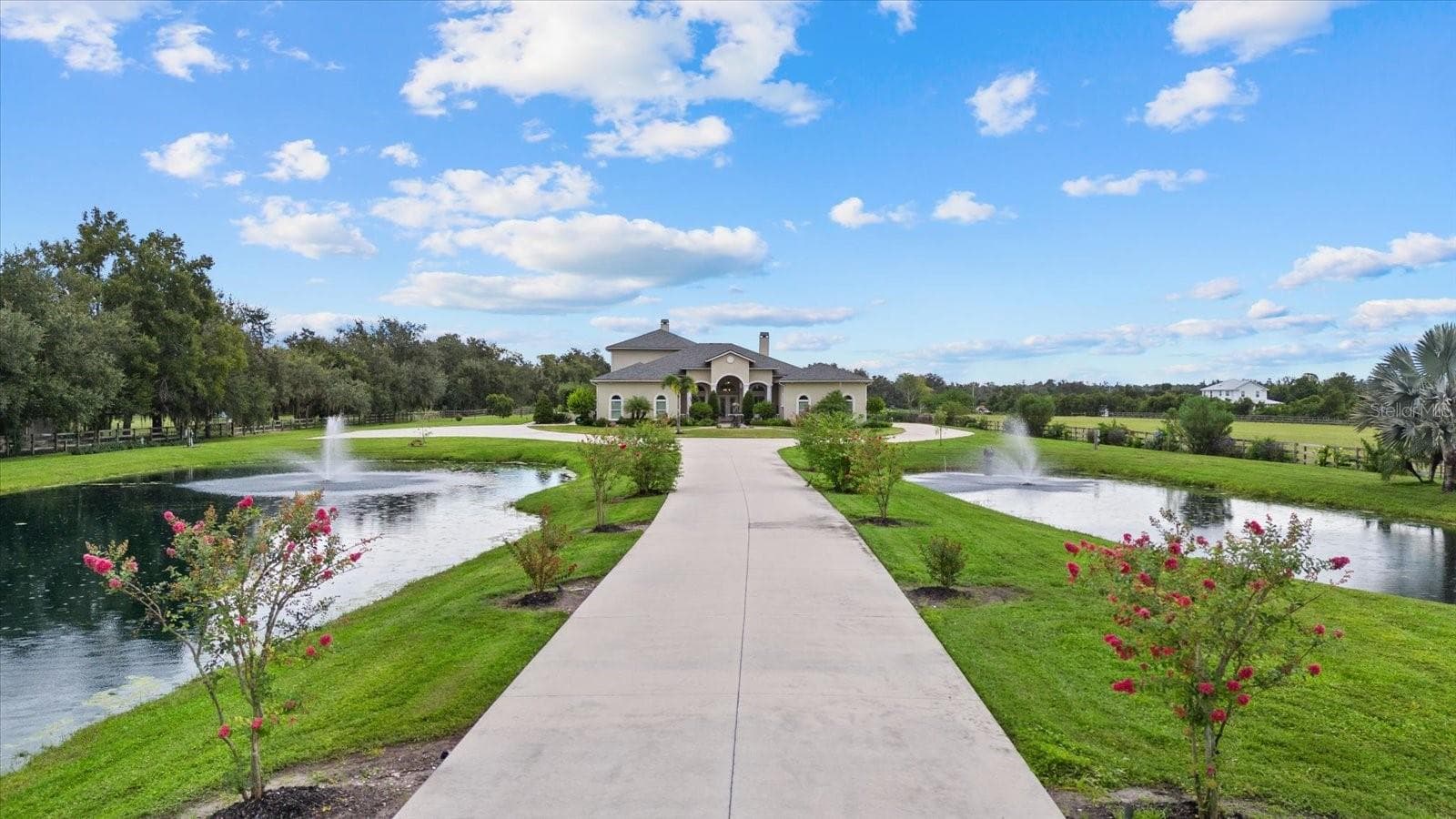 A daylight shot of the long driveway surrounded by crepe myrtle - 520 RYE RD NE, BRADENTON
