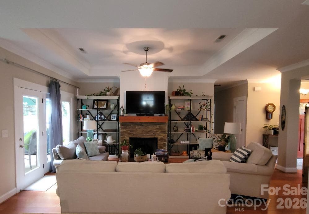 Great Room with Stone Gas Log Fireplace - 2117 London Lane, Belmont
