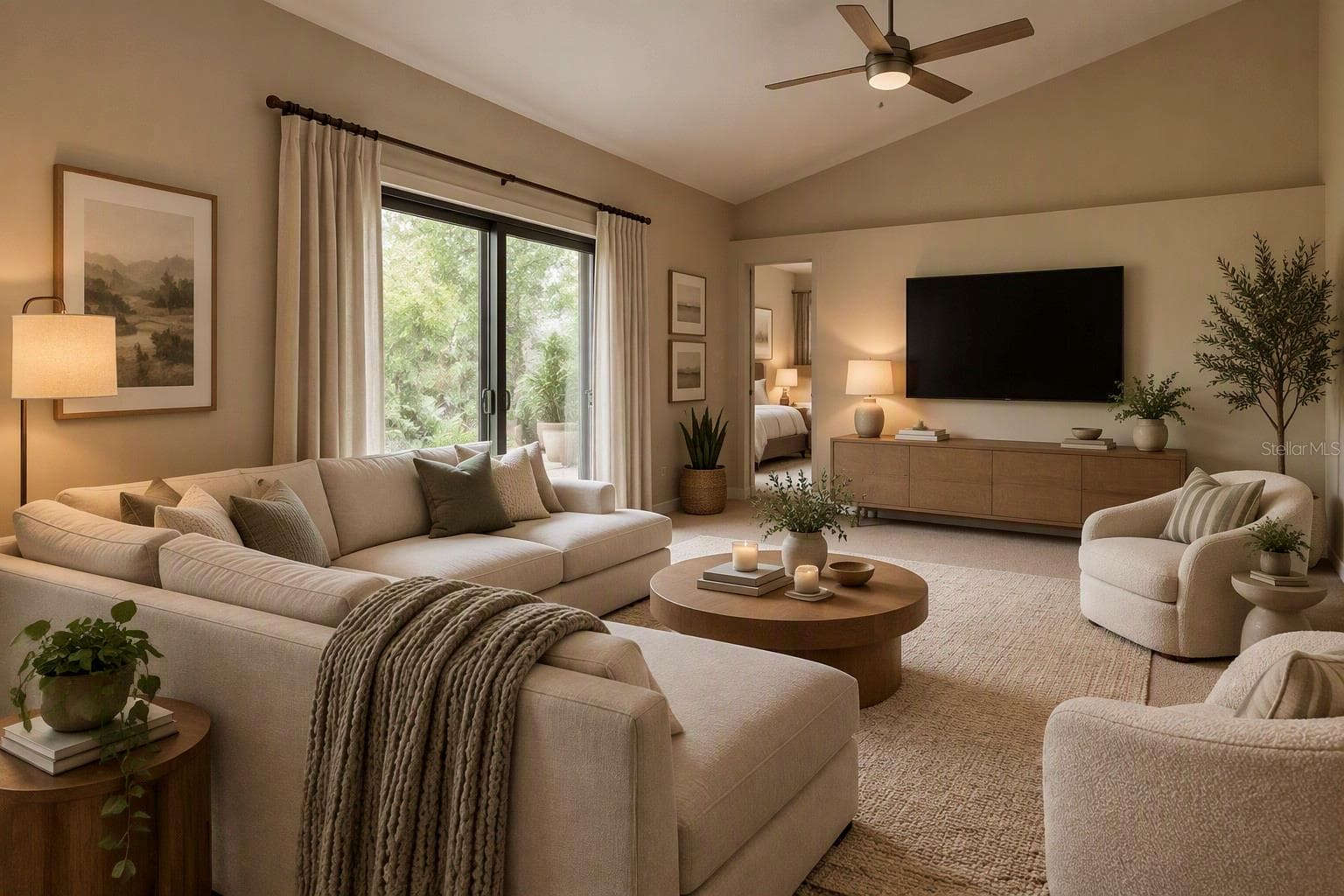 Virtually stages designer family room - 5912 33RD DR E, PALMETTO