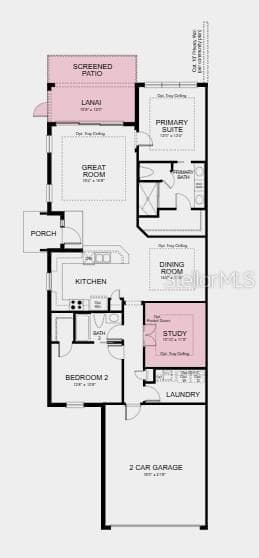 Floor Plan ~ Additional Highlights Include: Tray ceiling package, double pocket doors at study, 8' interior doors, extended screened patio, pre-plumb sink at laundry, whole house impact windows, pendant light package at kitchen - 14710 ORRIETO PL, BRADENTON