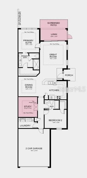 Floor Plan ~ Additional Highlights Include: Tray ceiling package, double pocket doors at study, 8' interior doors, extended screened patio, pre-plumb sink at laundry, whole house impact windows, pendant light package at kitchen - 14640 ORRIETO PL, BRADENTON