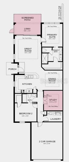 First Floor Plan - Additional Highlights Include: tray ceiling package, double pocket doors at study, 8' interior door package, extended screened patio, and whole house impact windows - 14706 ORRIETO PL, BRADENTON