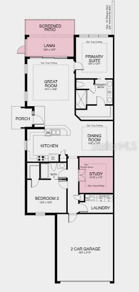 Floor Plan ~ Additional Highlights Include: Tray ceiling package, double pocket doors at study, 8' interior doors, extended screened patio, whole house impact windows, pendant light package at kitchen, and sink at laundry - 3127 TORTA CT, BRADENTON