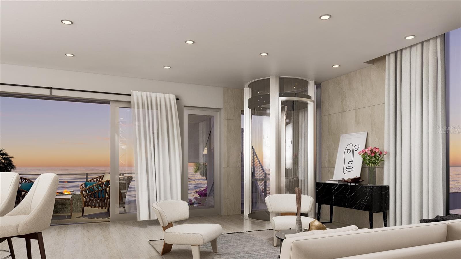 Living Room Ocean view at dusk.- Virtually Staged - 6608 S ATLANTIC AVE, NEW SMYRNA BEACH