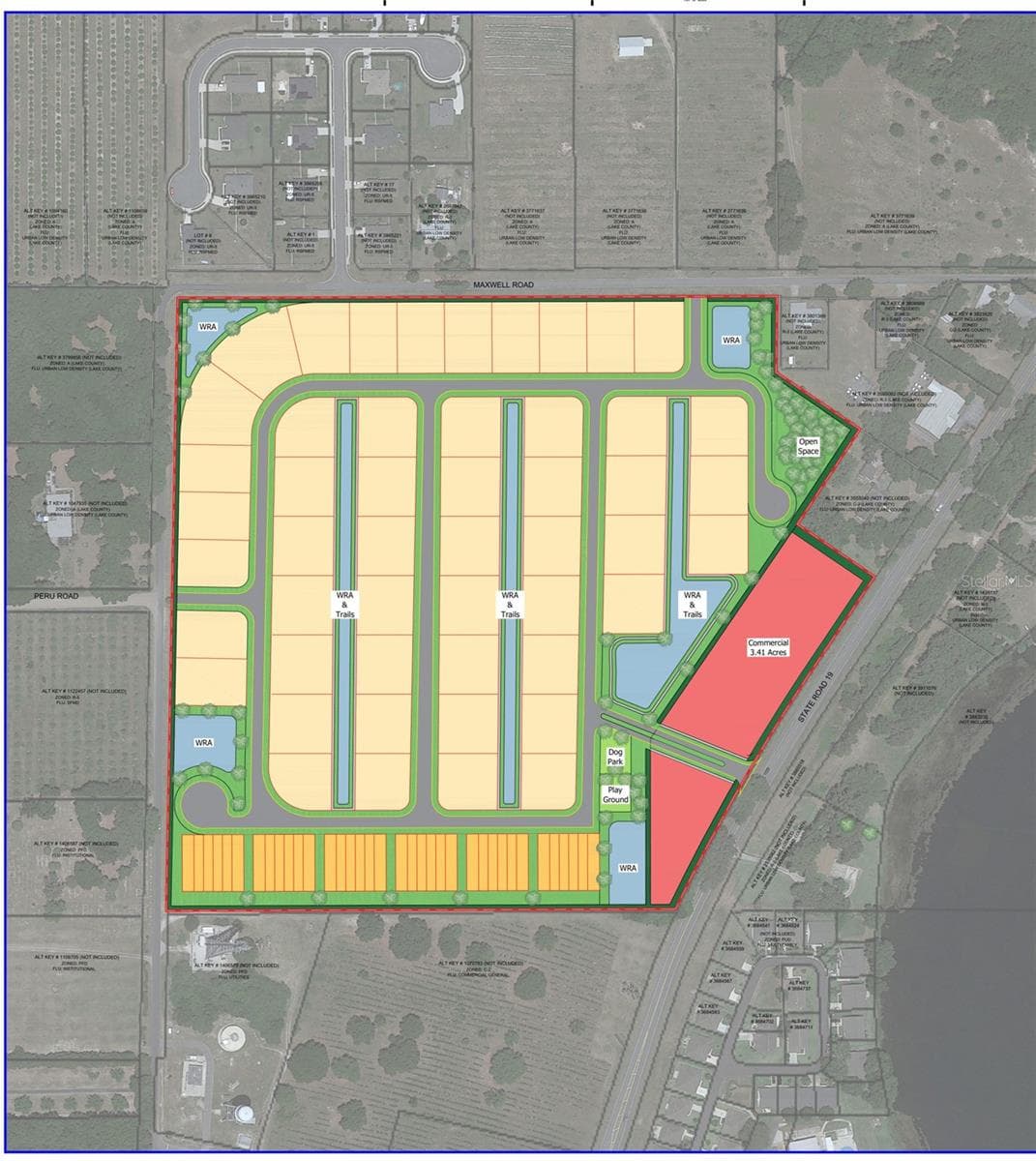 Concept plan: 85 units, homesites + townhomes, 3.41 ac commercial (LPG, Aug 2023) - STATE ROAD 19, UMATILLA
