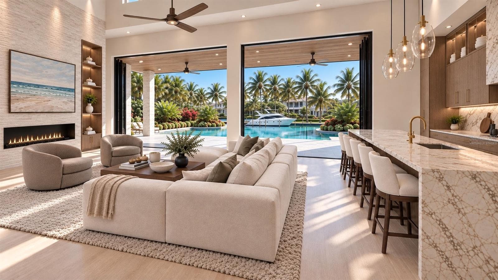 Living room and kitchen, with canal view. Virtually staged. - 3441 GULFMEAD DR, SARASOTA