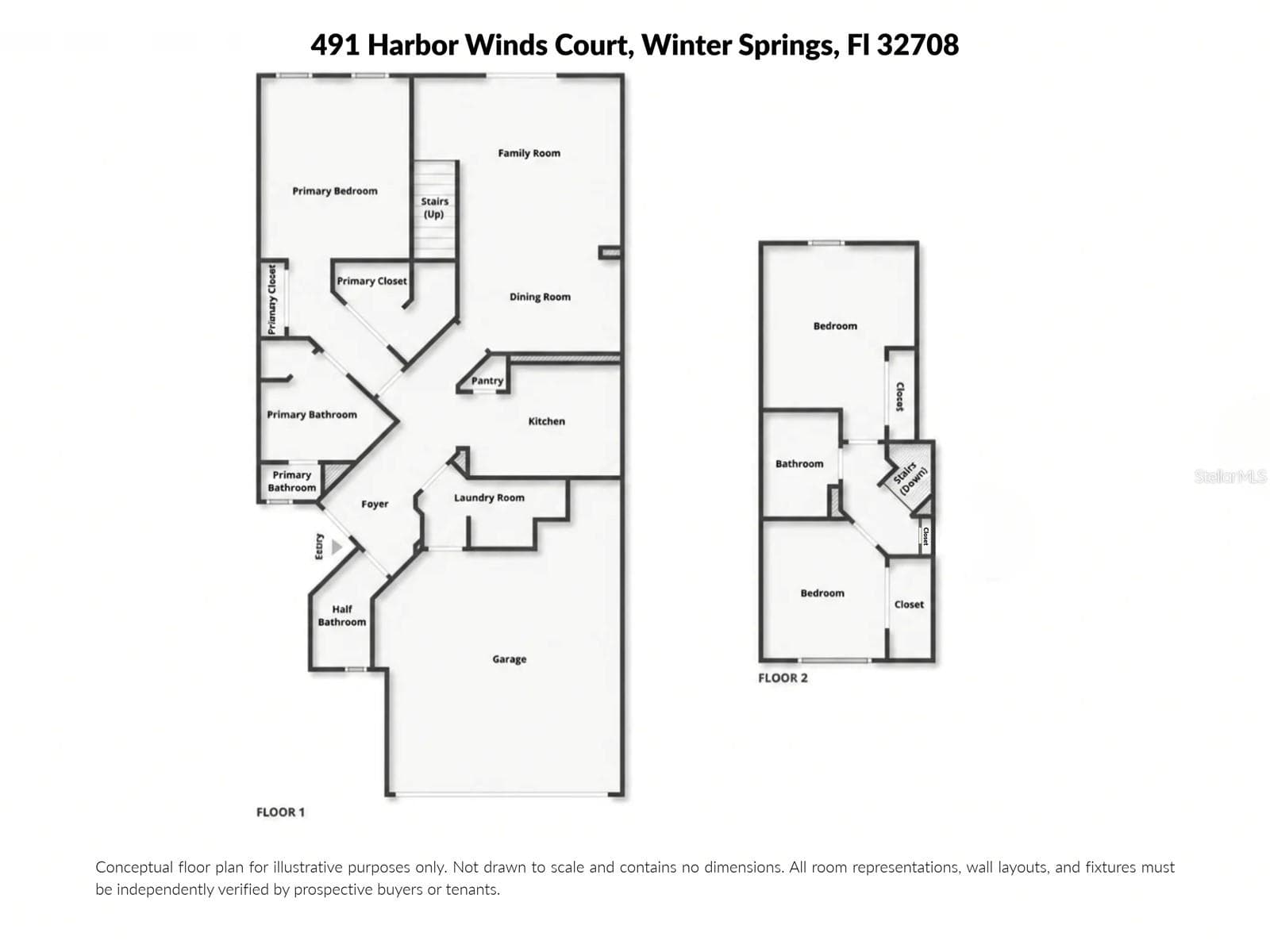 Conceptual floor plan for illustrative purposes only. Not drawn to scale and contains no dimensions. All room representations, wall layouts, and fixtures must be independently verified by prospective buyers or tenants. - 491 HARBOR WINDS CT, WINTER SPRINGS