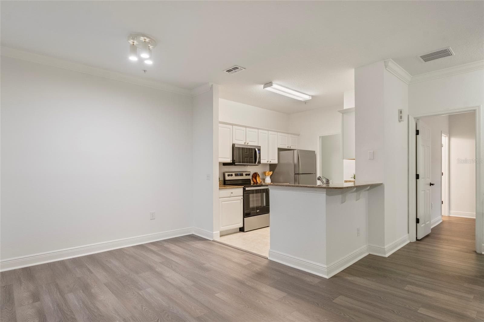 From the dining area looking into the kitchen and laundry rooms. Note the overhang counter top with your own stools it makes a great place for a quick breakfast or after school snack. - 1300 EASTERN PECAN PL #208, WINTER GARDEN