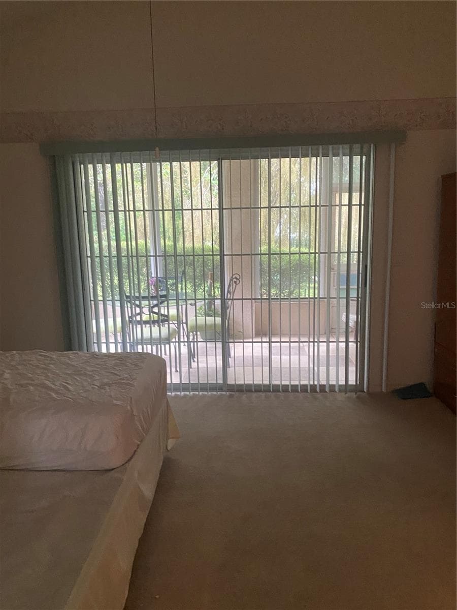 Large primary bedroom, clean carpet, sliding glass door to lanai area and backyard. - 11492 SW 82ND COURT RD, OCALA